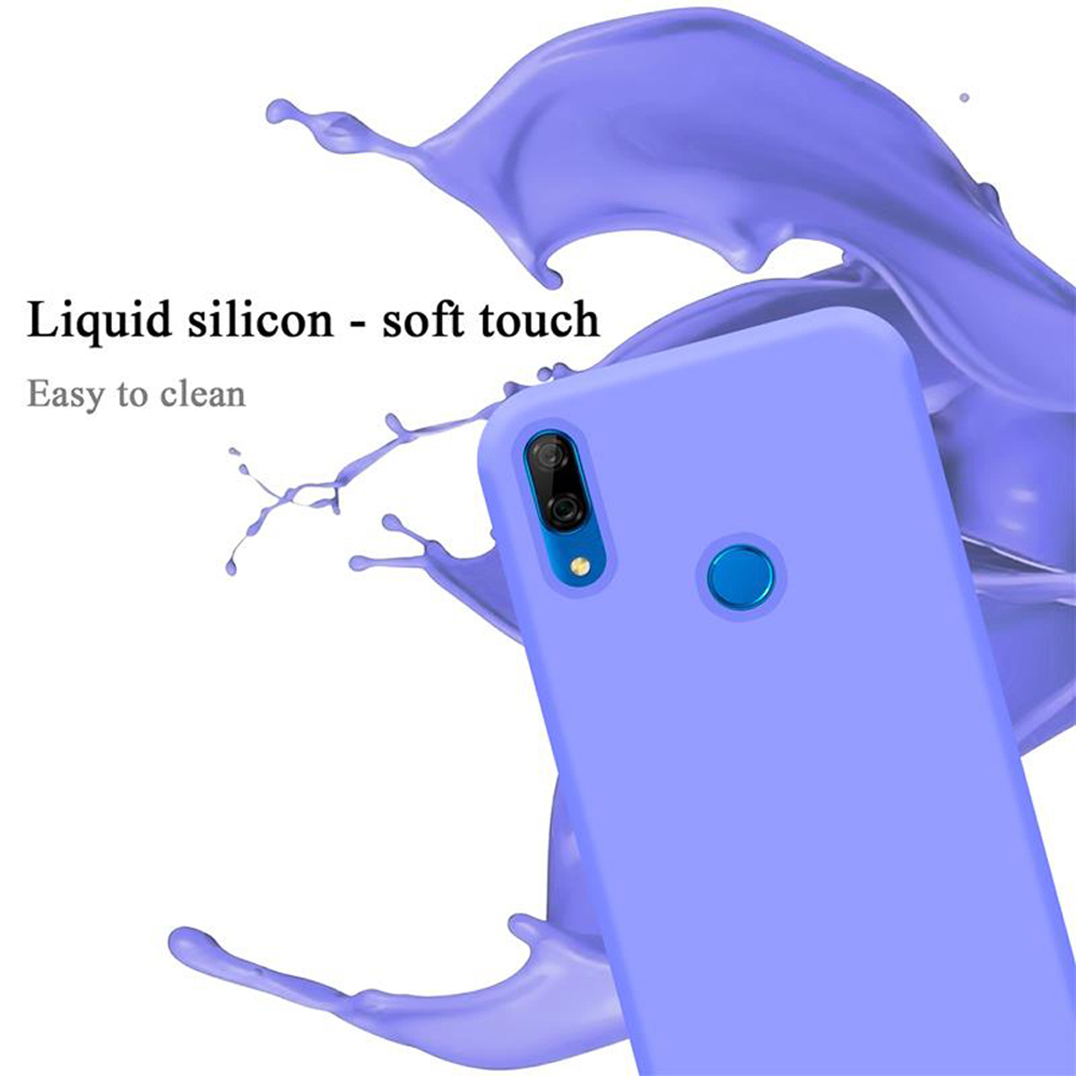 Lila Handyhülle, mit Farbspritzer. Text: Flüssiges Silikon - Soft-Touch.