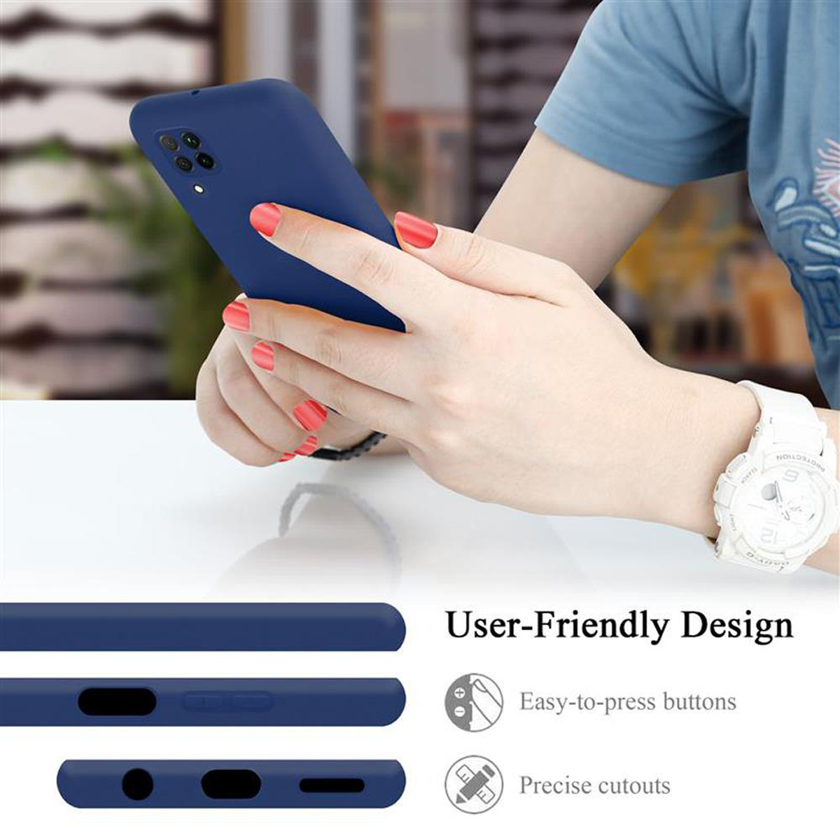 Le mani di una donna tengono un telefono in una custodia blu. Tre icone con testo: 'User-Friendly Design'.