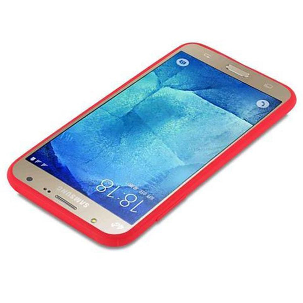 Telefono color oro con custodia rossa che mostra l'ora 18:18.
