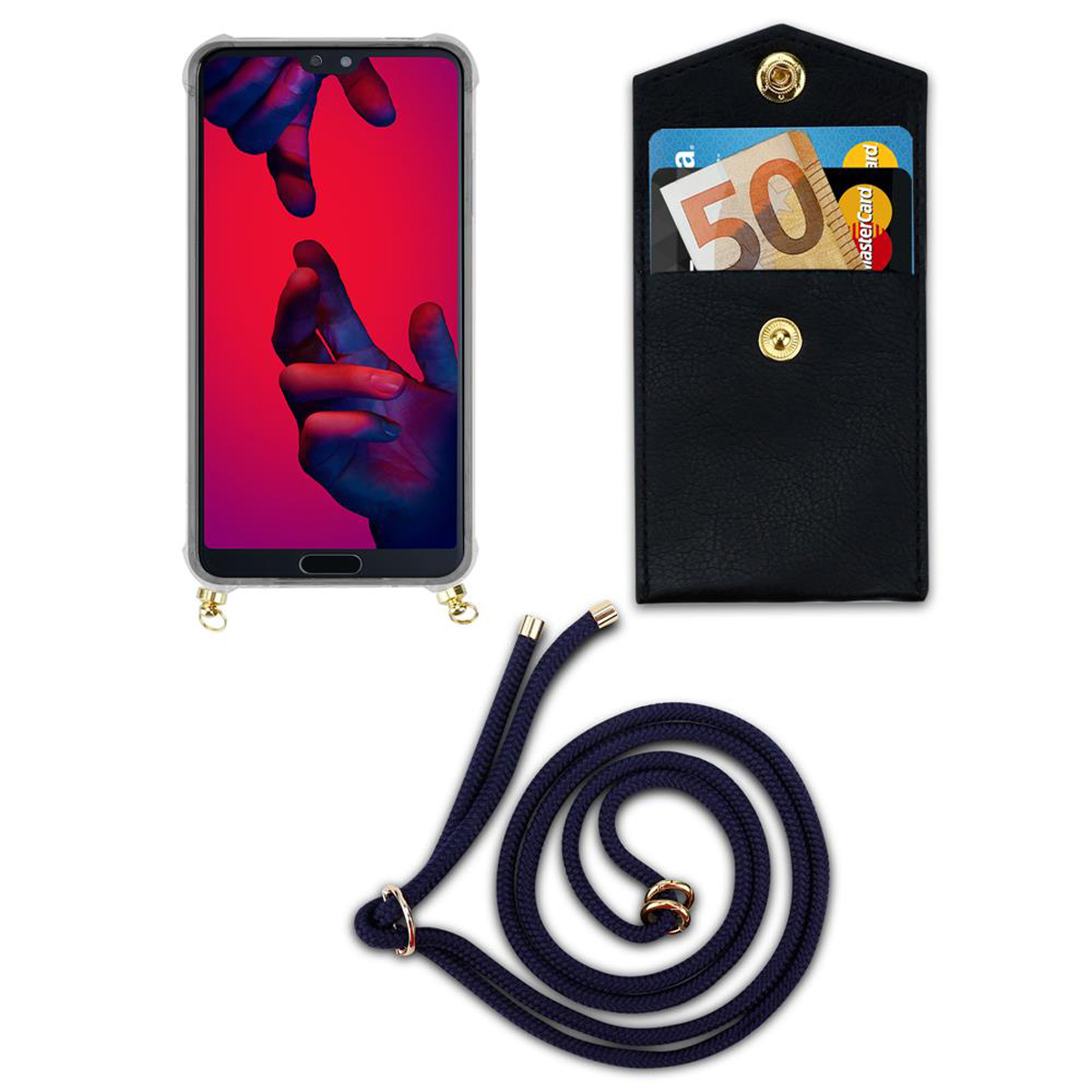 Telefono con sfondo rosso e mani sullo schermo, custodia nera con carte e cordino blu scuro.