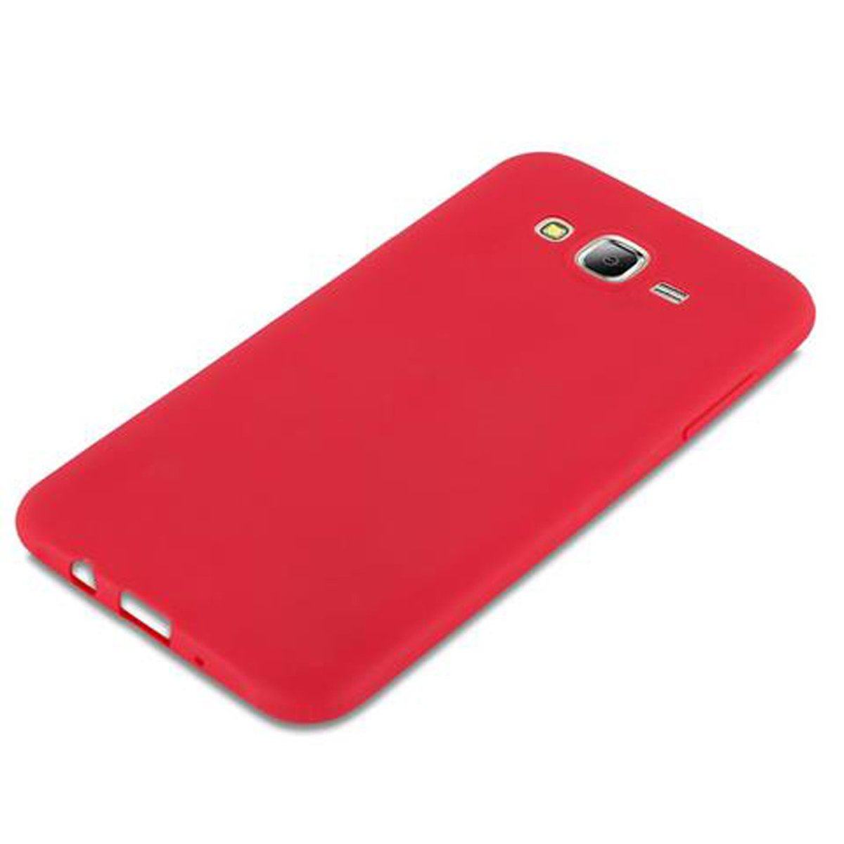 Custodia per telefono rossa. La custodia è di colore rosso acceso, mostrando la parte posteriore del telefono.