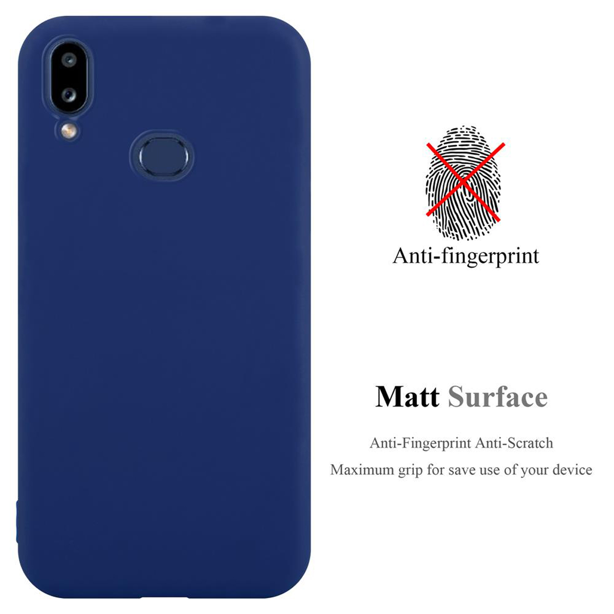 Una custodia per telefono blu con testo e un simbolo di impronta digitale sbarrato.