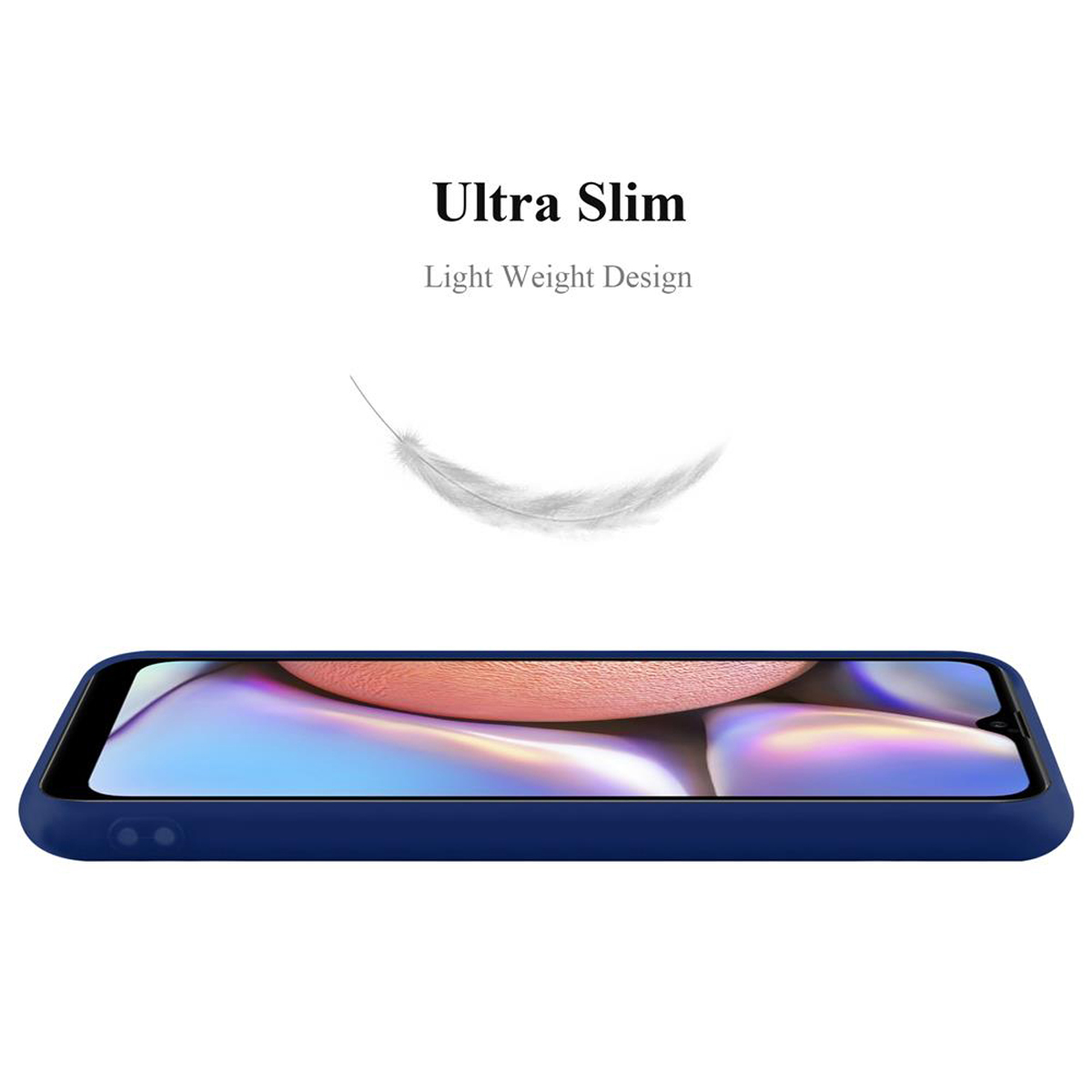 Una custodia per telefono blu, con una grafica a forma di piuma e testo sull'ultra sottile.