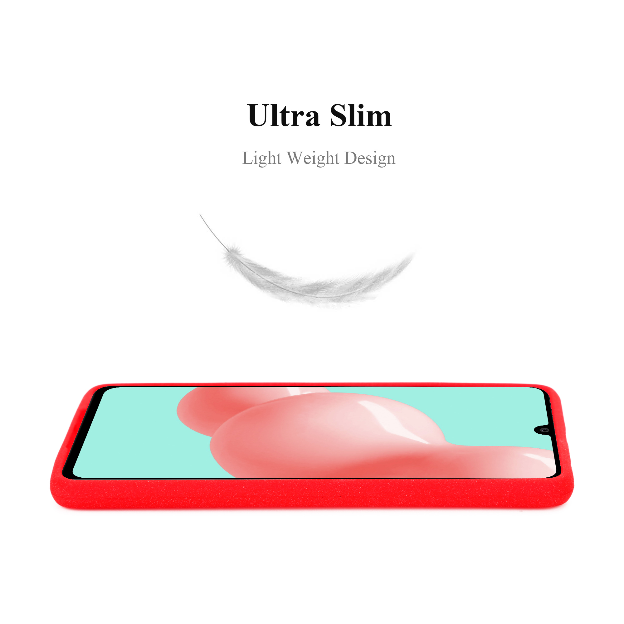 Custodia per telefono rossa con uno schermo del telefono all'interno. Una piuma bianca fluttua sopra.