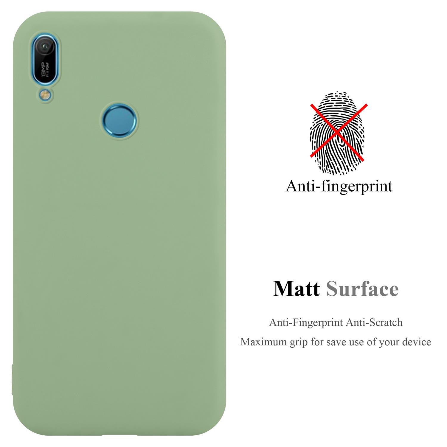 Custodia verde per telefono su sfondo bianco. Testo: Anti-impronta, Superficie opaca. Impronta digitale barrata.