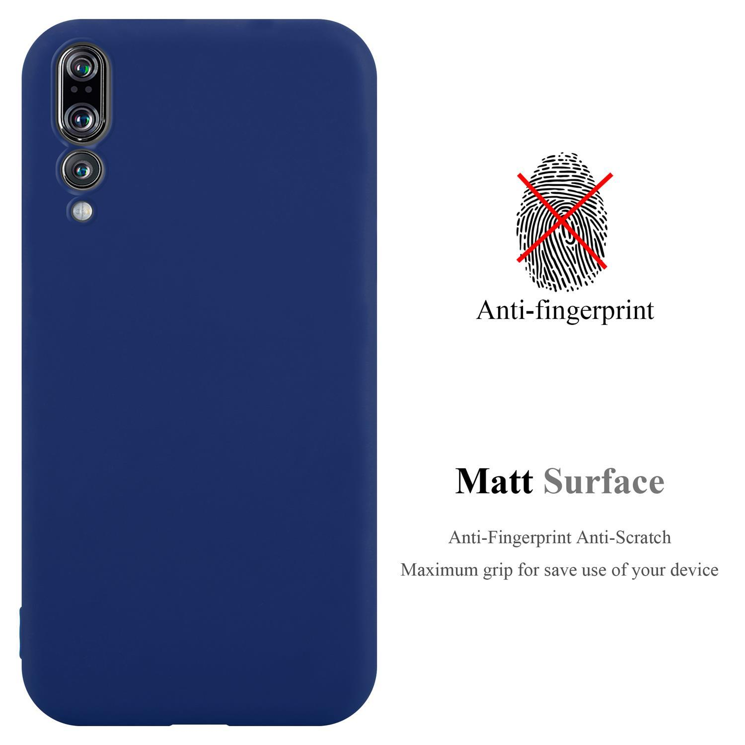 Custodia per telefono blu con testo anti-impronta e simbolo dell'impronta digitale su sfondo bianco.