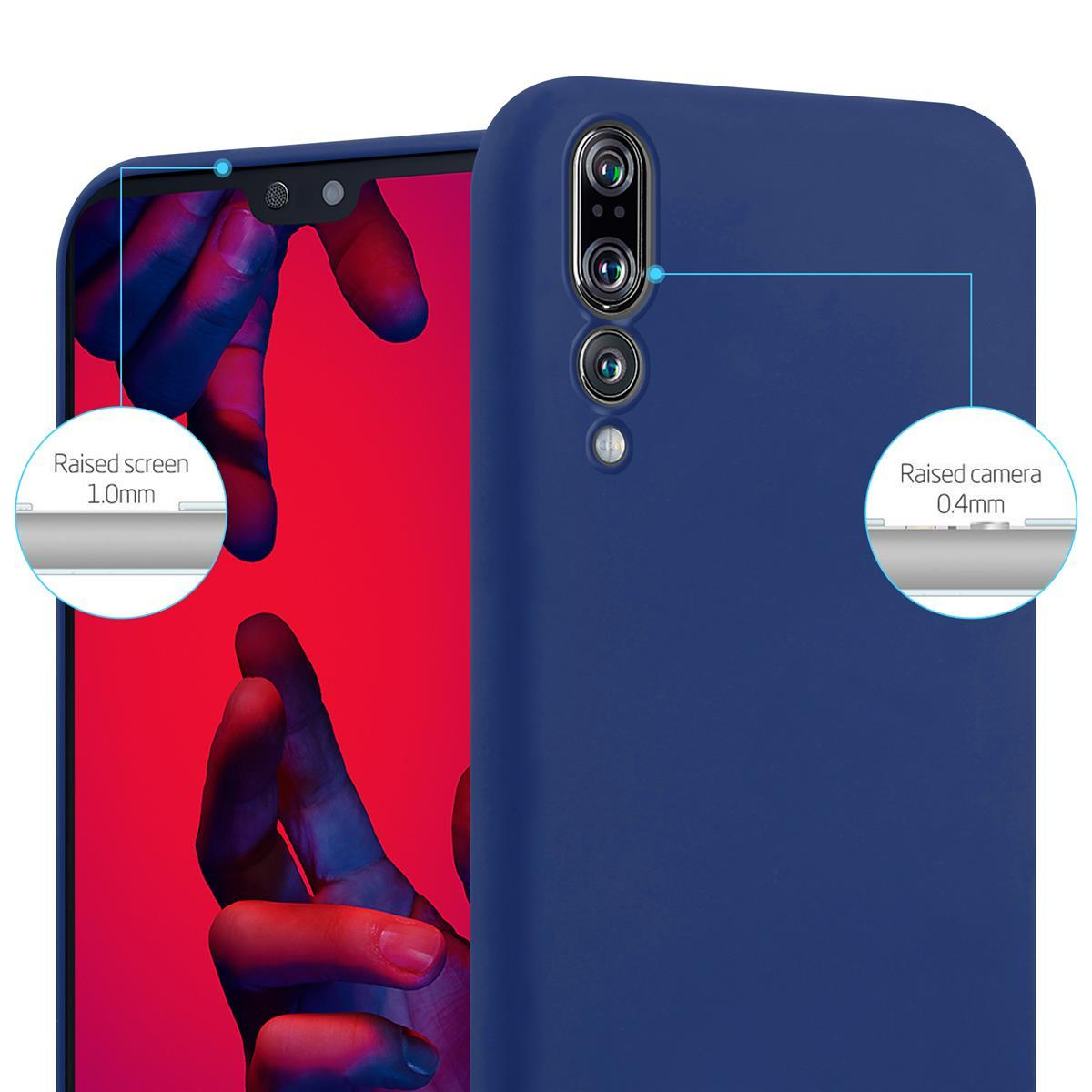 Una custodia blu per telefono con protezione schermo e fotocamera rialzata. Un diagramma mostra i bordi rialzati.