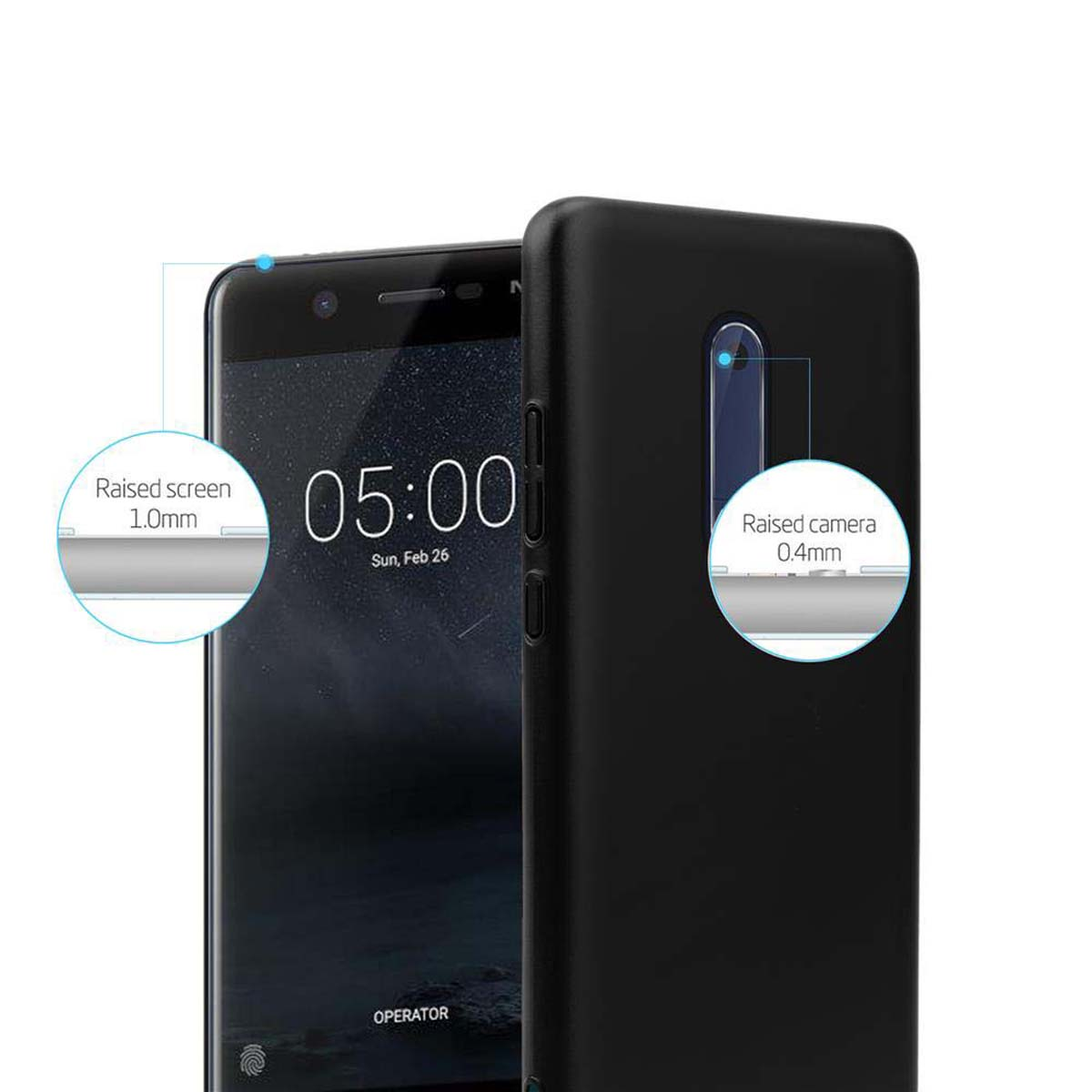 Telefono in una custodia nera con dettagli di protezione dello schermo e della fotocamera rialzati.