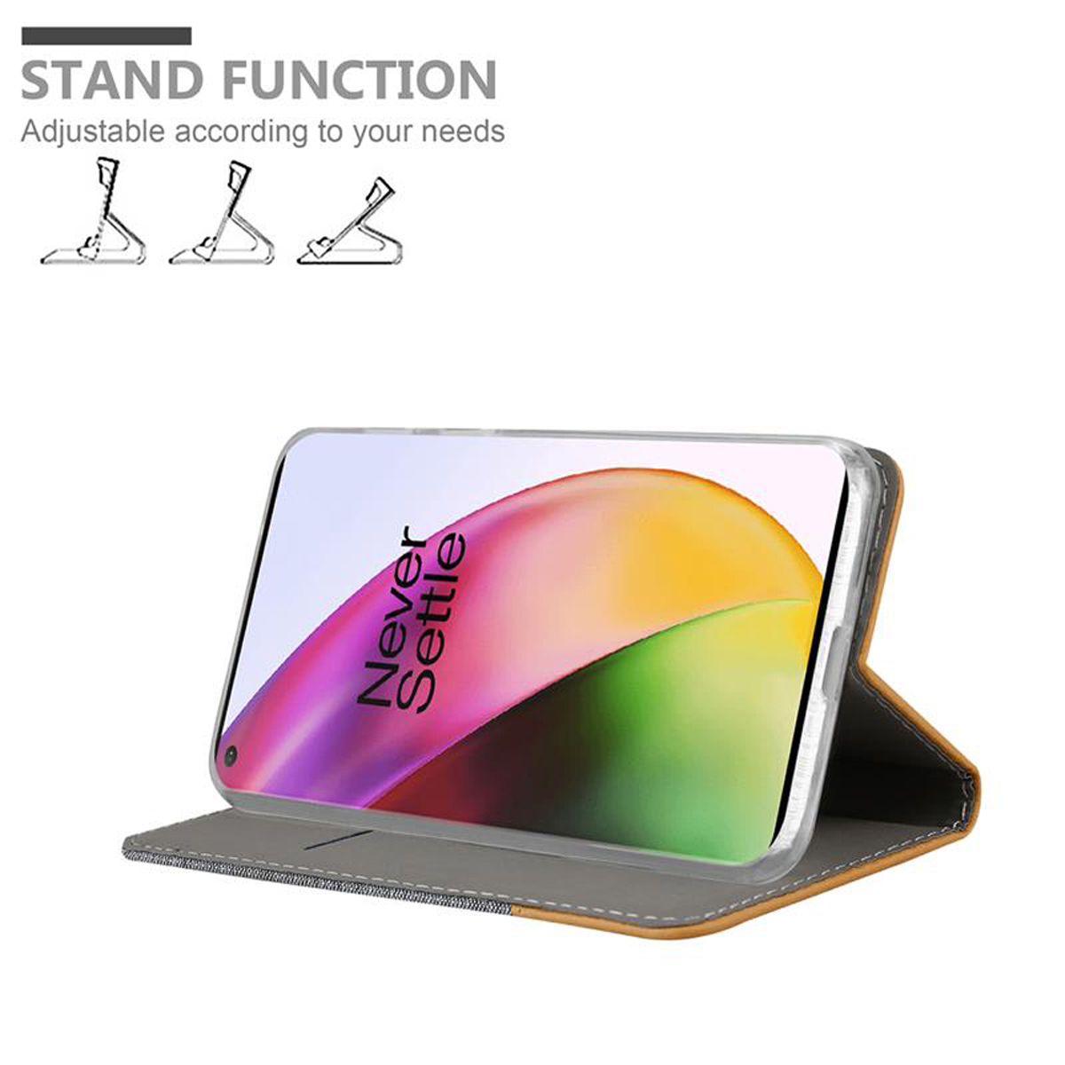 Telefono in una custodia con funzione stand, su sfondo bianco. Testo: Funzione stand.