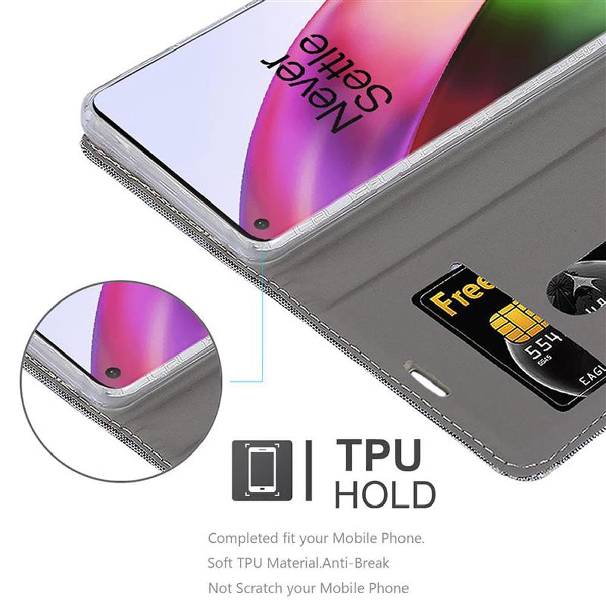 Custodia per telefono con fessure per carte. Copertura grigia, base nera, cuciture bianche. Testo: 'TPU Hold'.