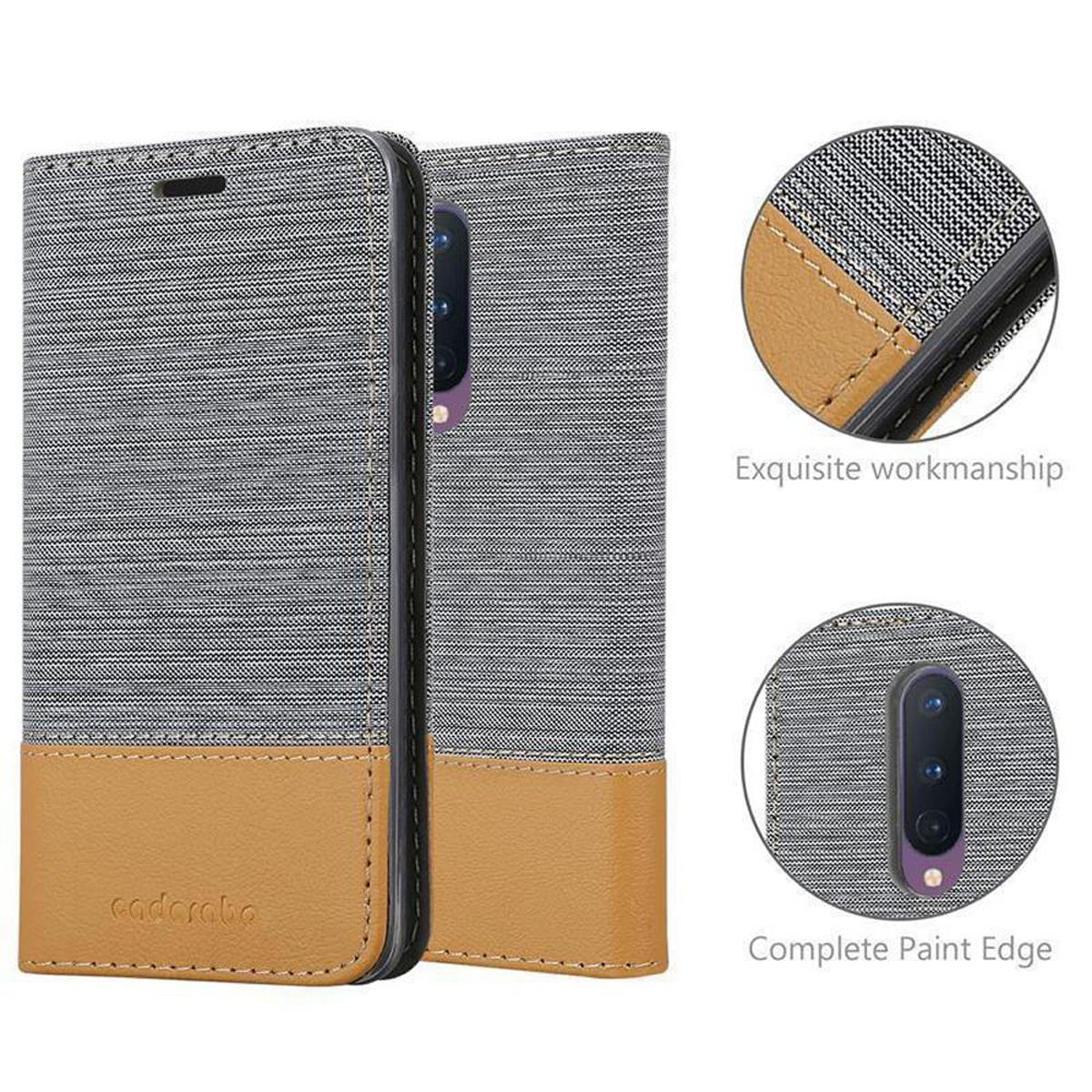Custodia per telefono con un design grigio e beige, con primi piani dettagliati delle caratteristiche della custodia.