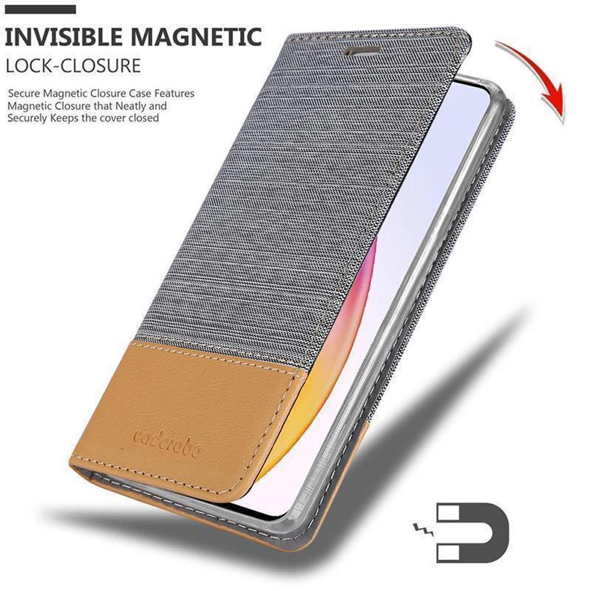 Una custodia per telefono con chiusura magnetica. La custodia è marrone e grigia con un simbolo di magnete.