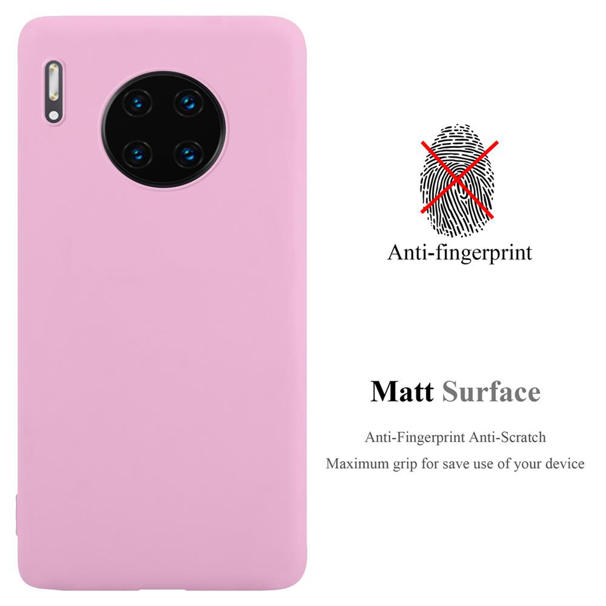 Una custodia per telefono rosa con caratteristiche anti-impronta e superficie opaca.