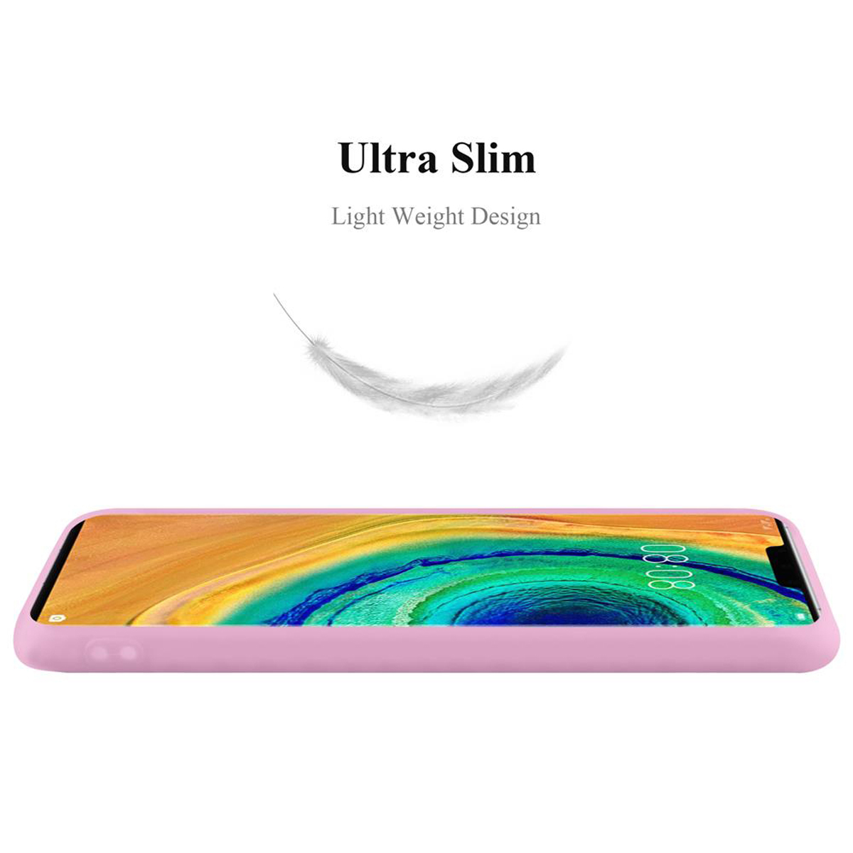 Custodia rosa per telefono con telefono all'interno. Testo: Ultra sottile, design leggero. Una piuma fluttua sopra il telefono.