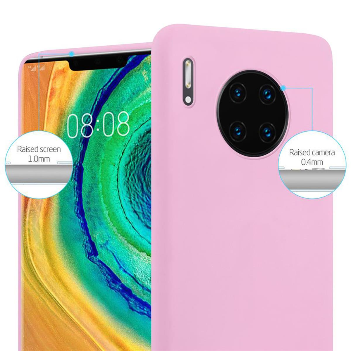 Custodia rosa per telefono. La custodia è su un telefono. La fotocamera e lo schermo sono rialzati. Lo sfondo è bianco.