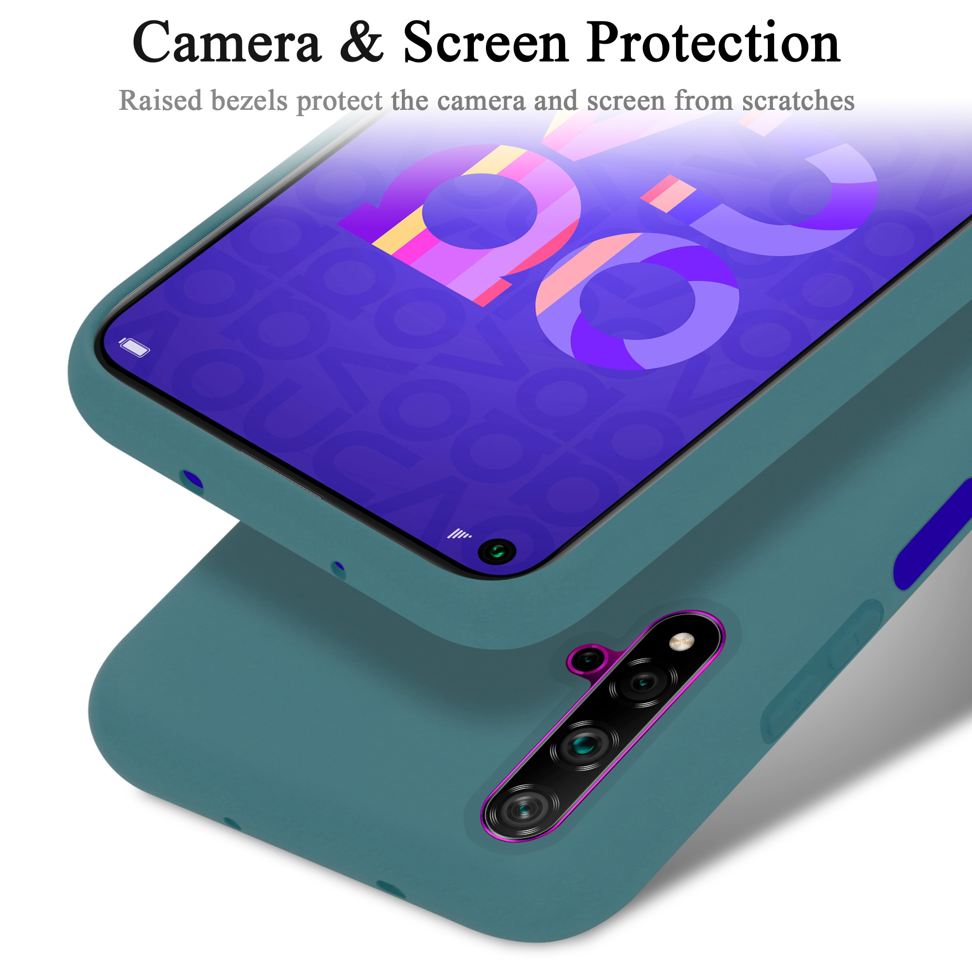 Telefon in blau-grüner Hülle. Die Hülle schützt Kamera und Bildschirm. Nahaufnahme zeigt Details.