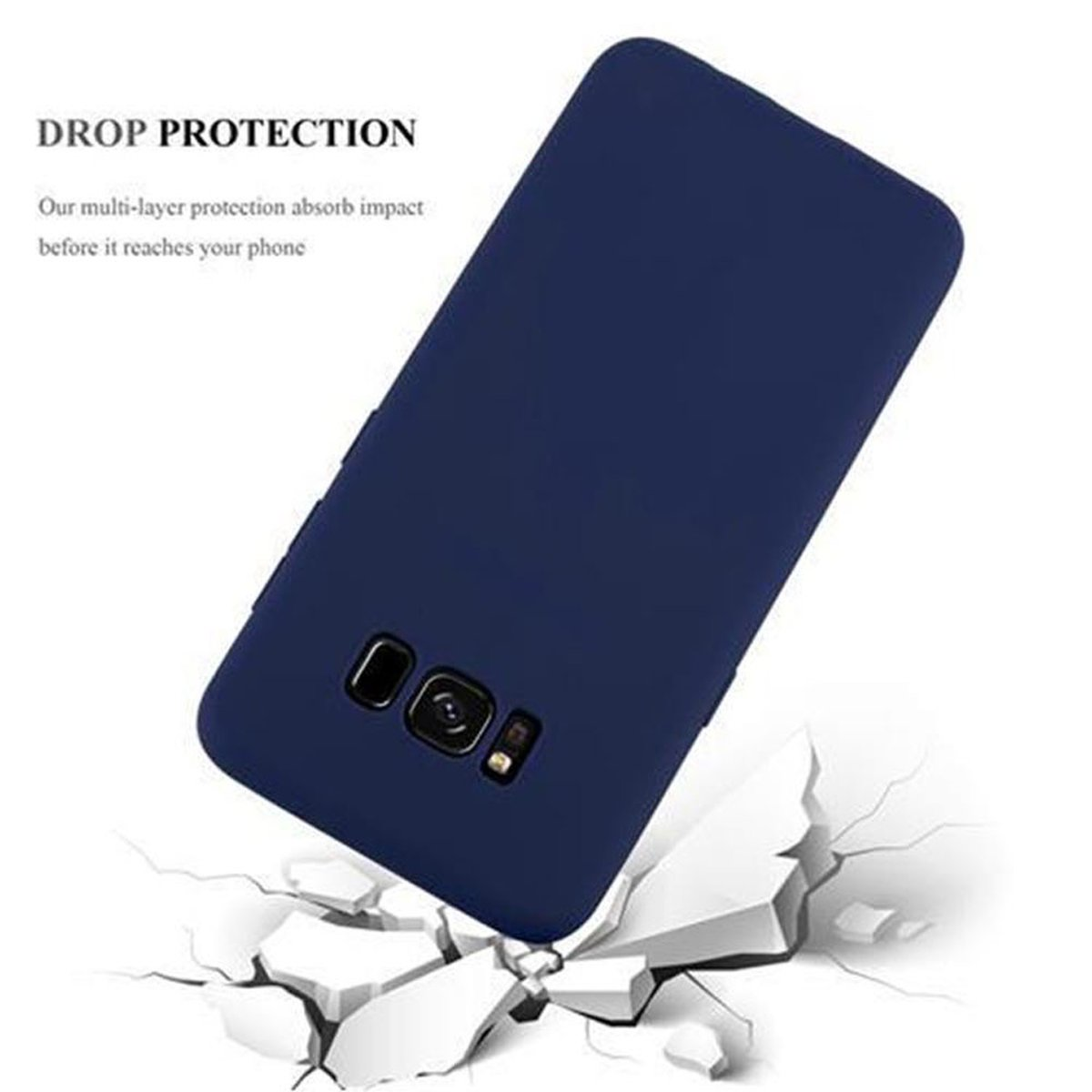 Custodia blu per telefono con telefono all'interno su una superficie bianca, con le parole Drop Protection.