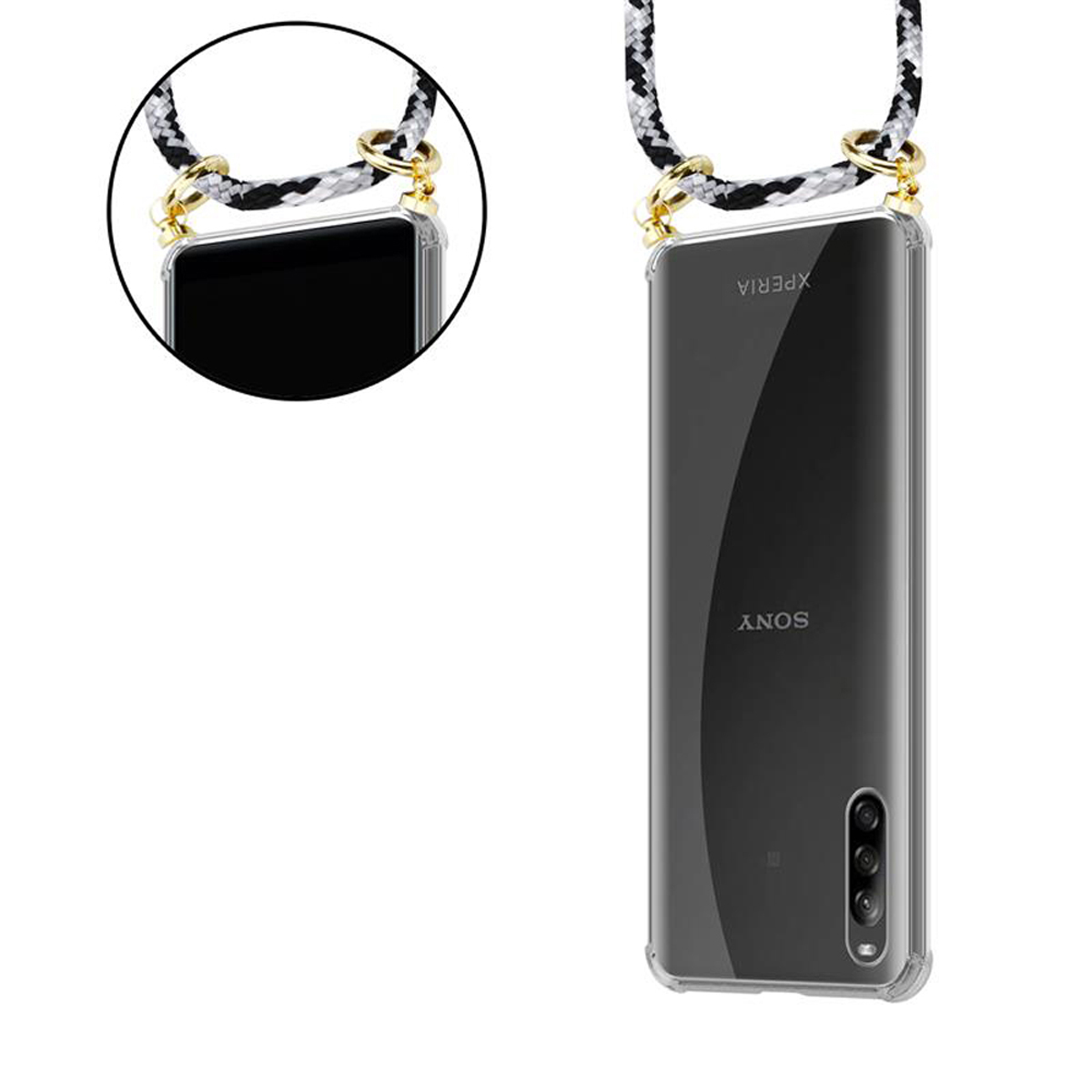 CADORABO Handy Kette Sony, Ringen, Backcover, Xperia Band abnehmbarer SCHWARZ Kordel Hülle, und CAMOUFLAGE L4, mit Gold