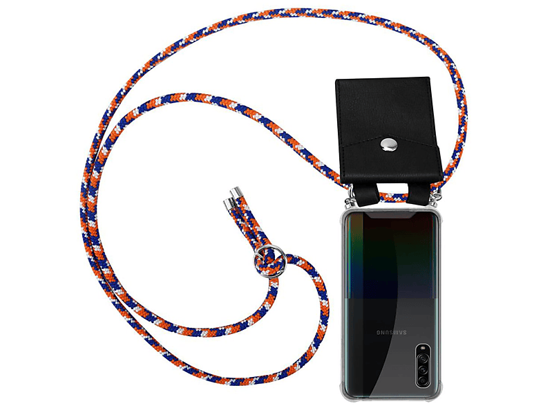 Handy Kordel Ringen, WEIß A90 CADORABO Backcover, mit ORANGE Band und Silber abnehmbarer Galaxy Samsung, Kette 5G, Hülle, BLAU