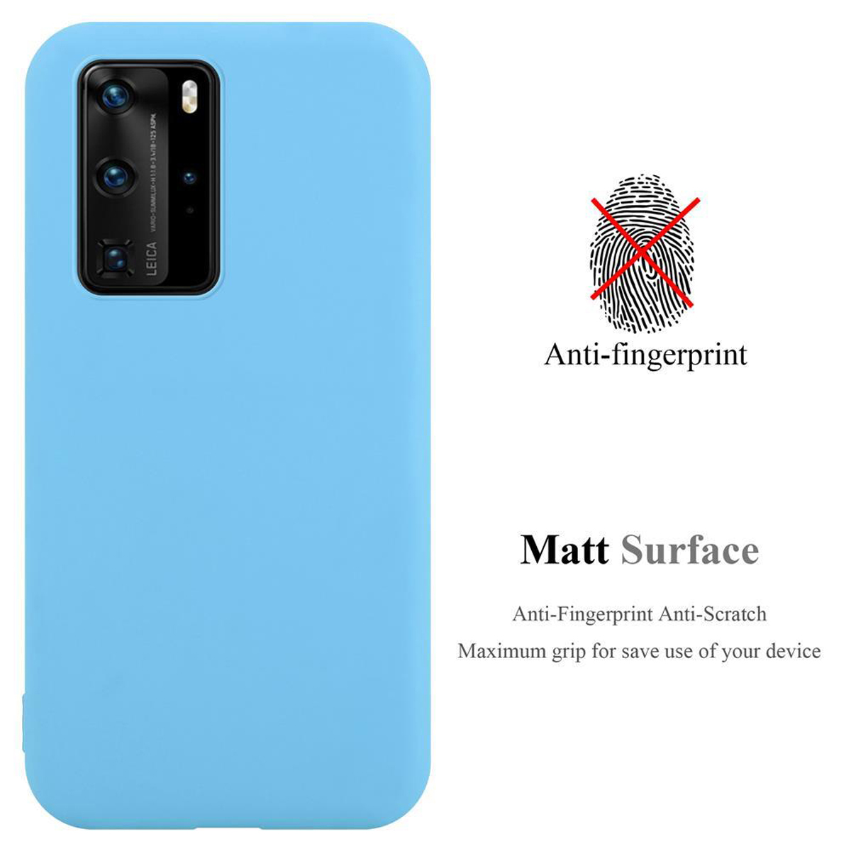 Custodia per telefono azzurra con testo 'Anti-impronta' e 'Superficie opaca'. Il telefono ha una fotocamera a triplo obiettivo.