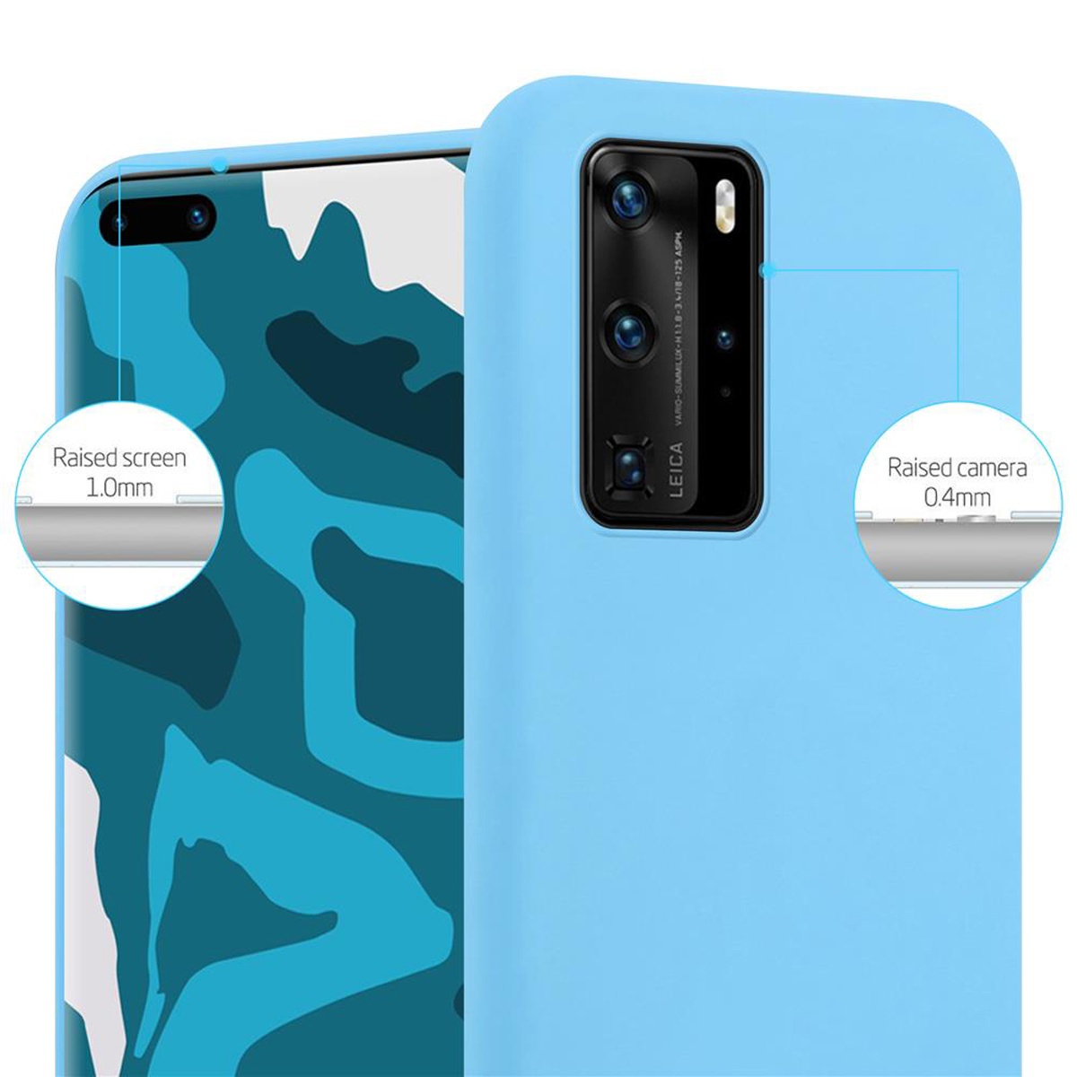 Primo piano di una custodia per telefono azzurra con un telefono all'interno. Vengono evidenziati i dettagli dello schermo e della fotocamera rialzati.