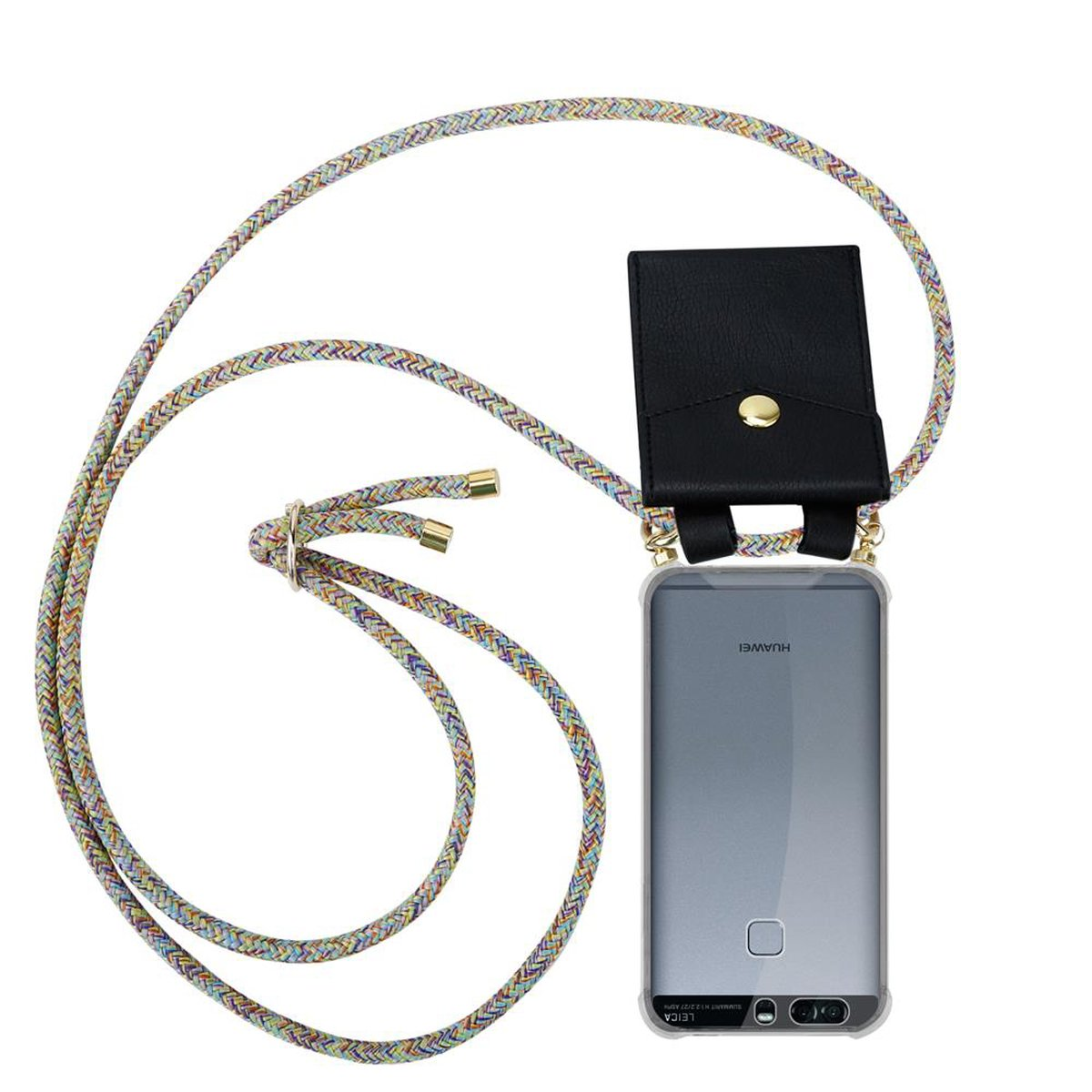 Telefon mit farbenfrohem Lanyard und schwarzem Beutel. Das Telefon befindet sich in einer transparenten Hülle.