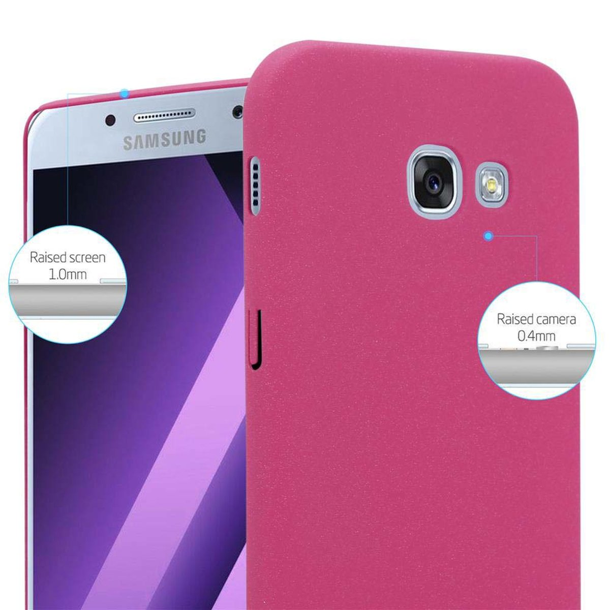 Eine Handyhülle in rosa Farbe befindet sich an der Seite eines Telefons. Das Telefon ist im Hintergrund.