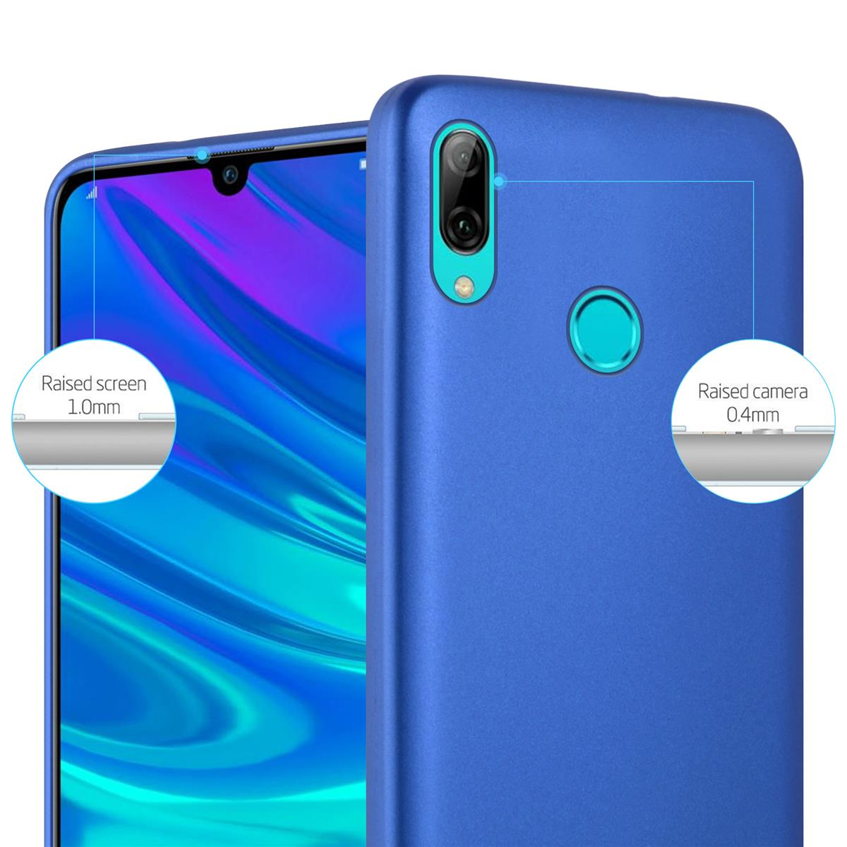 Una custodia per telefono blu. Evidenzia lo schermo e la fotocamera rialzati per la protezione.