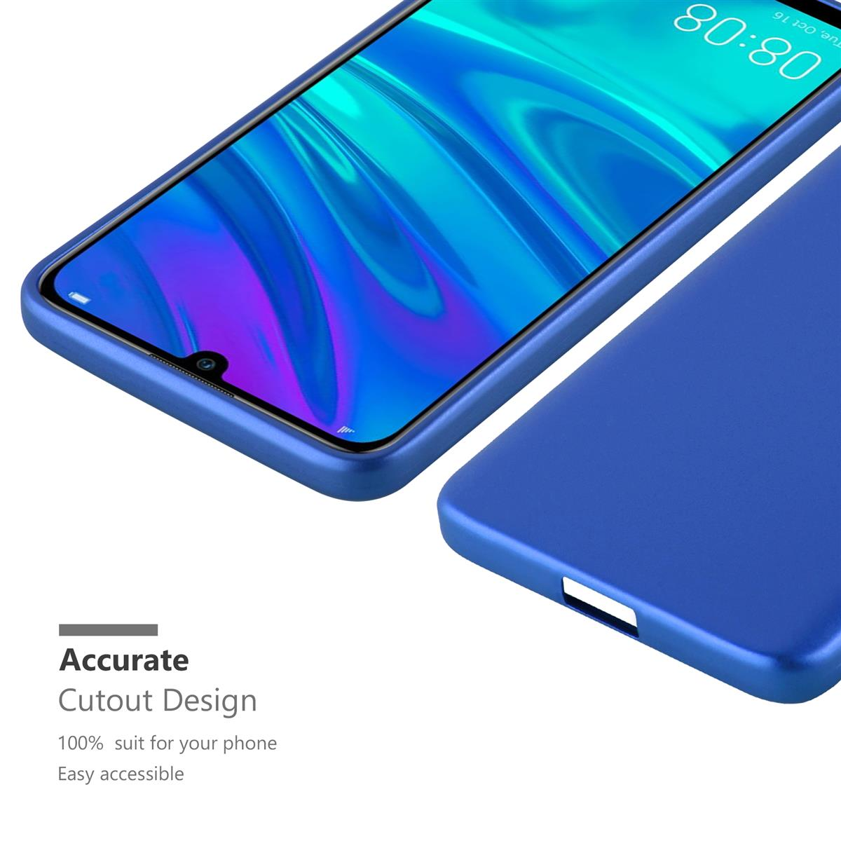 Primo piano di un telefono in una custodia blu. Testo: Design preciso del ritaglio, Adatto al 100% al tuo telefono, Facile da accedere.