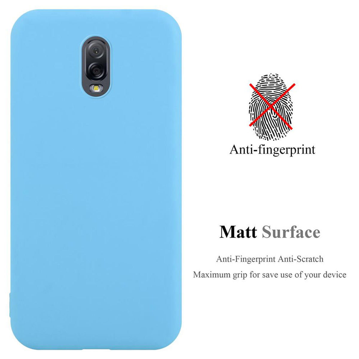 Una funda de teléfono azul claro con texto anti-huellas dactilares. Se muestra una huella digital con una cruz roja.