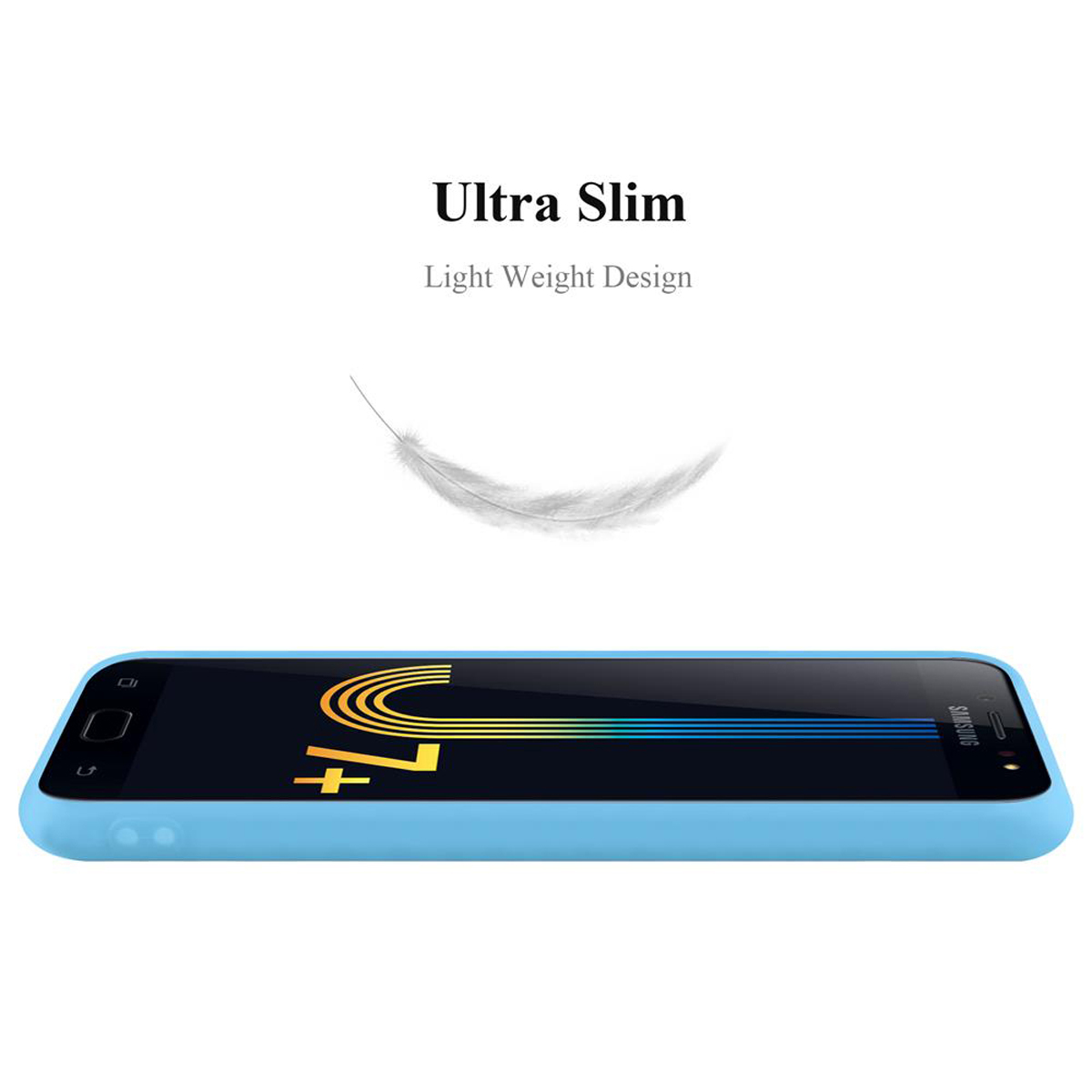 Una funda de teléfono azul claro con una pluma blanca y un teléfono Samsung sobre un fondo blanco.
