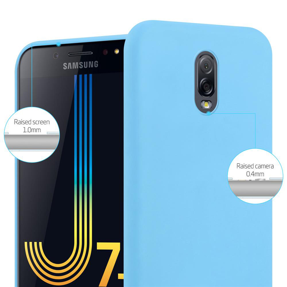 Una funda de teléfono azul claro, con un teléfono en el lado izquierdo. Tiene una pantalla negra.