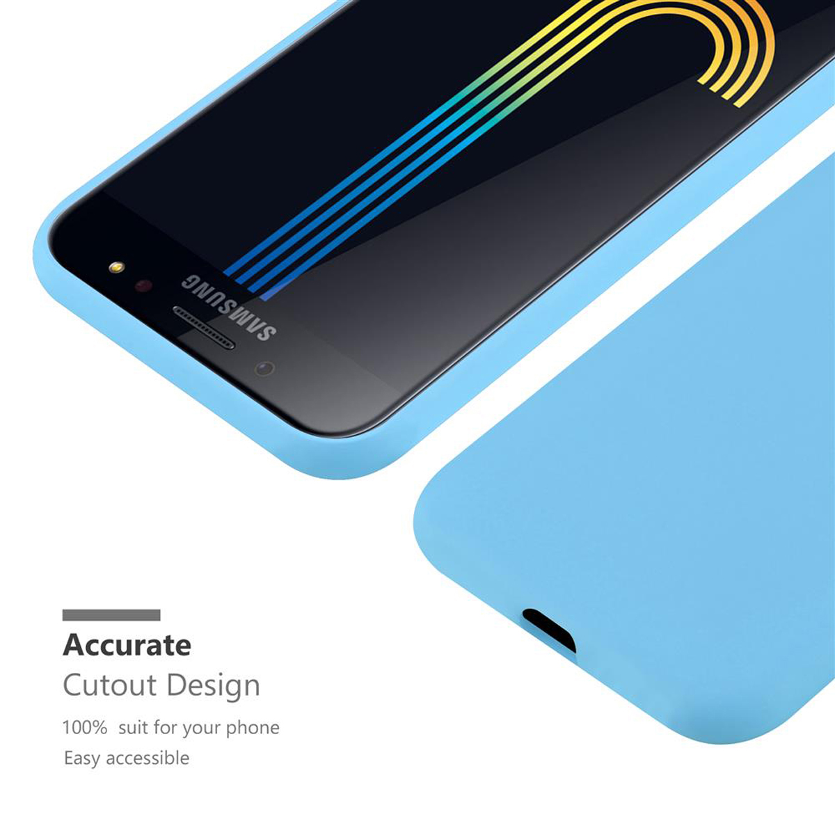Funda azul para teléfono con un teléfono dentro. La pantalla muestra una imagen colorida. Diseño recortado.
