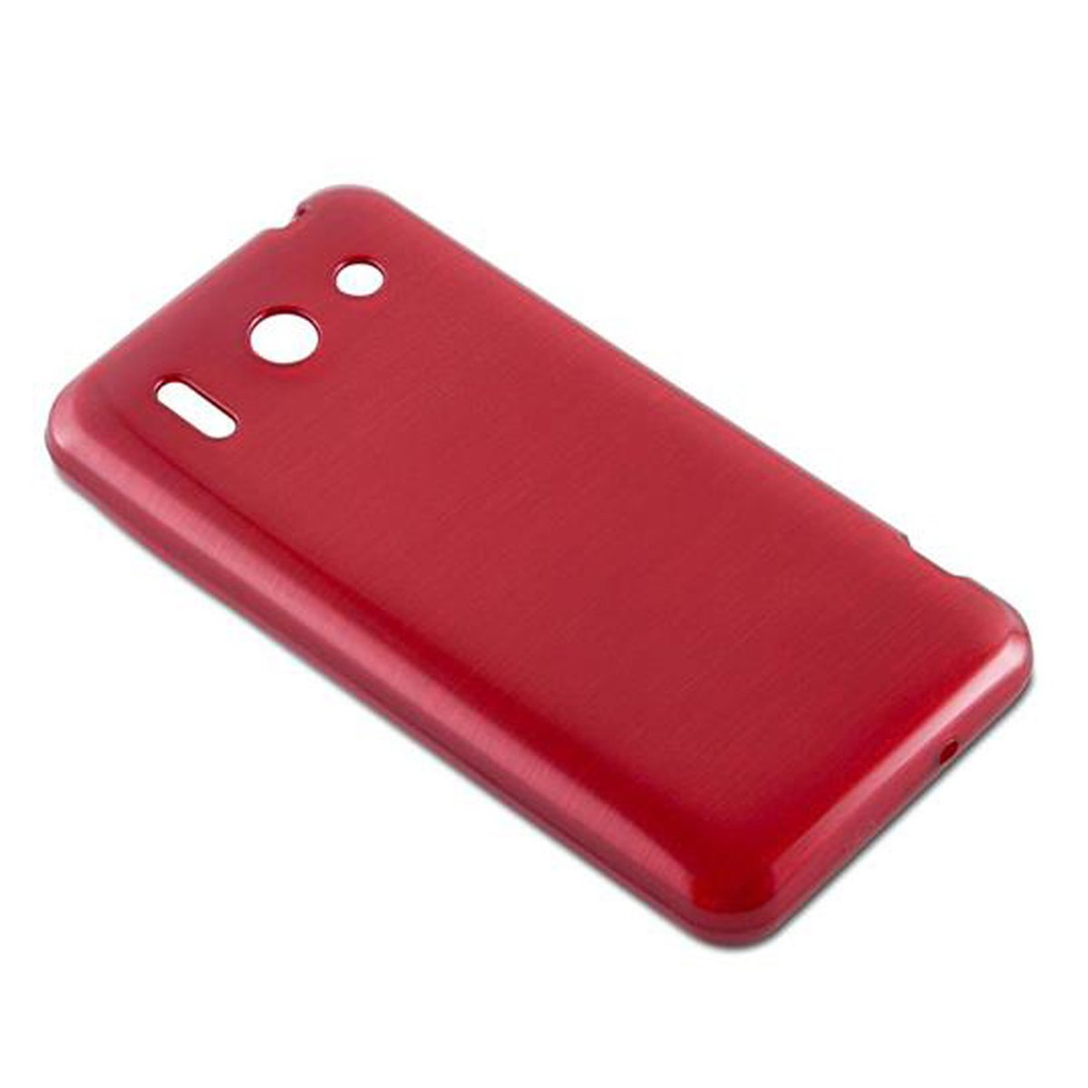 Custodia per telefono rossa, con superficie strutturata, con ritagli per fotocamera e porte.