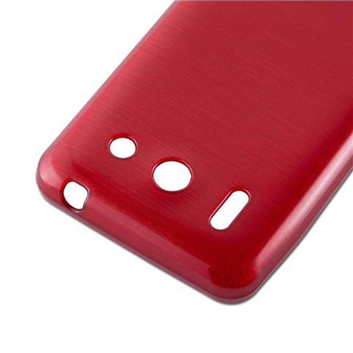 Custodia rossa per telefono con fori per fotocamera e porte. La superficie ha un effetto metallo spazzolato.