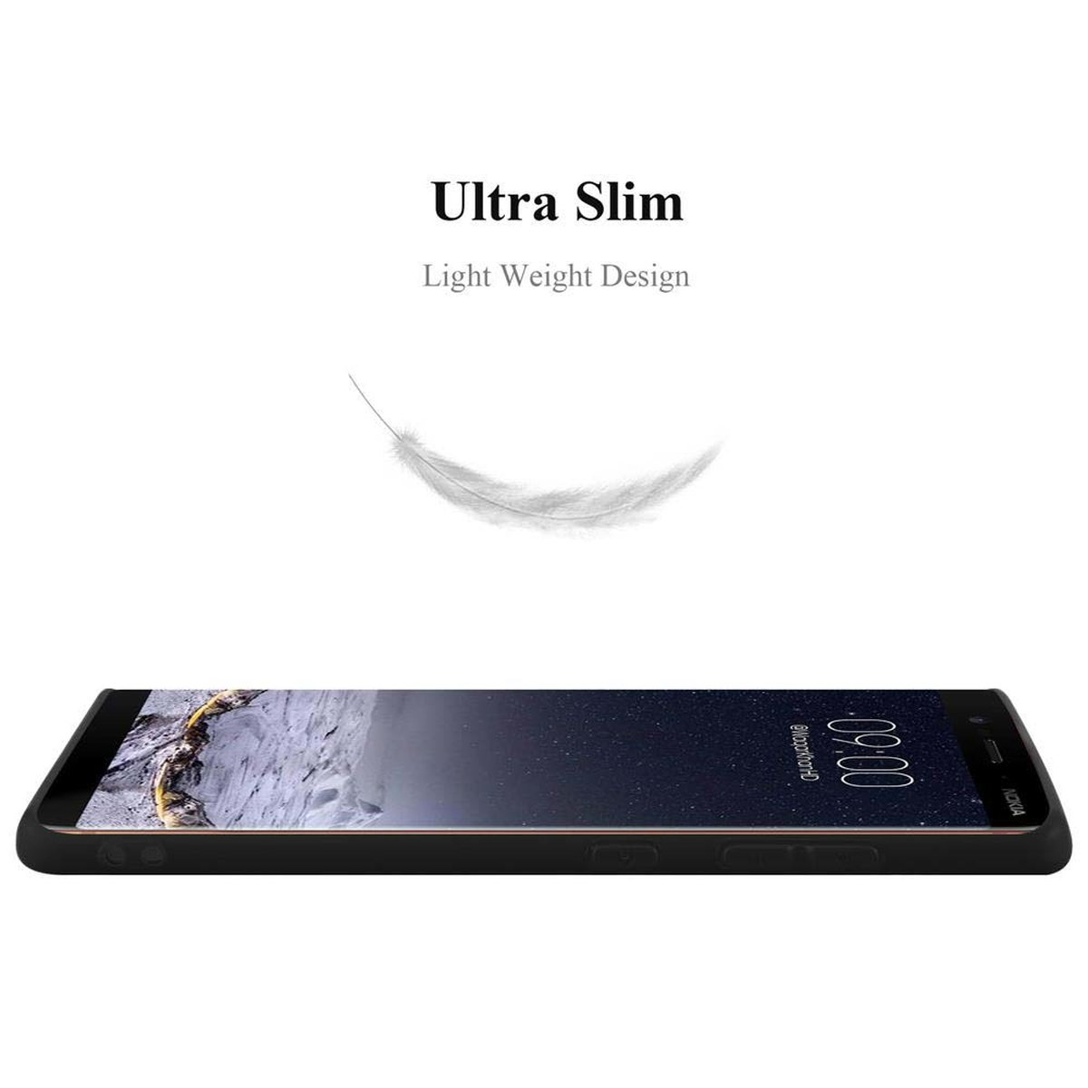 Ein Telefon auf schwarzer Oberfläche mit einer Feder darüber. Text: Ultra Slim, Light Weight Design.