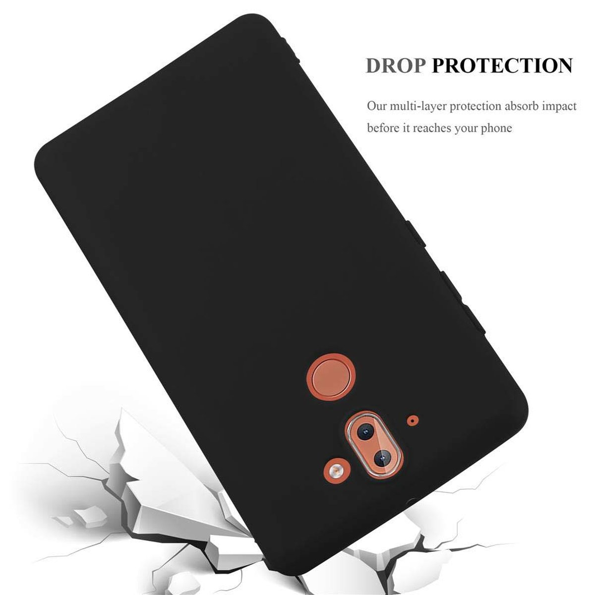 Eine schwarze Handyhülle liegt auf einer weißen Oberfläche, die Risse aufweist. Der Text lautet: "DROP PROTECTION".