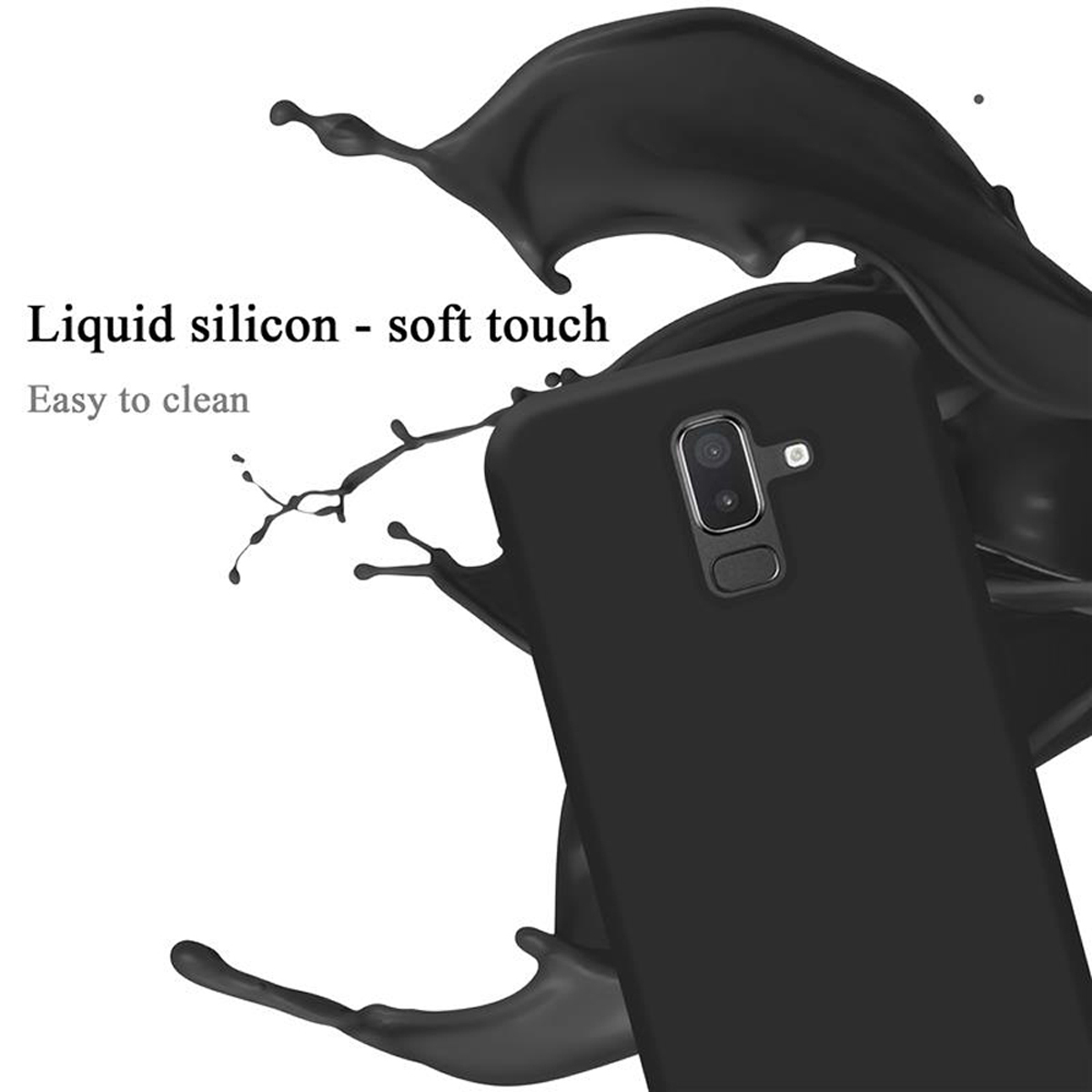 Una custodia per telefono nera con uno schizzo di liquido nero. Il testo recita: Silicone liquido - tocco morbido, facile da pulire.