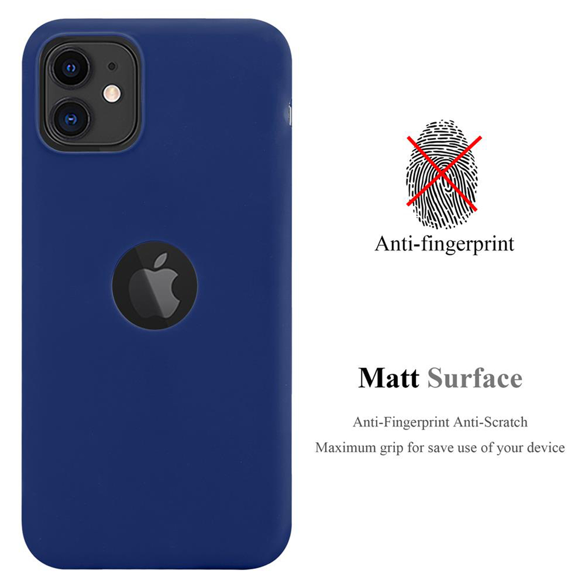 Custodia blu per telefono, logo Apple. Testo: Superficie opaca. Anti-impronta e antigraffio. L'aderenza è massimizzata.