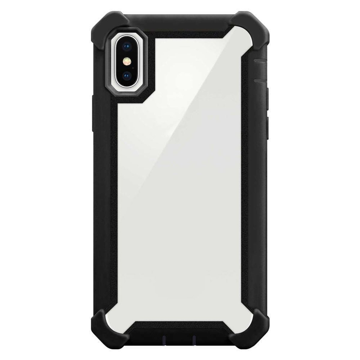Custodia per telefono in bianco e nero, con un centro trasparente e angoli neri che proteggono il telefono.