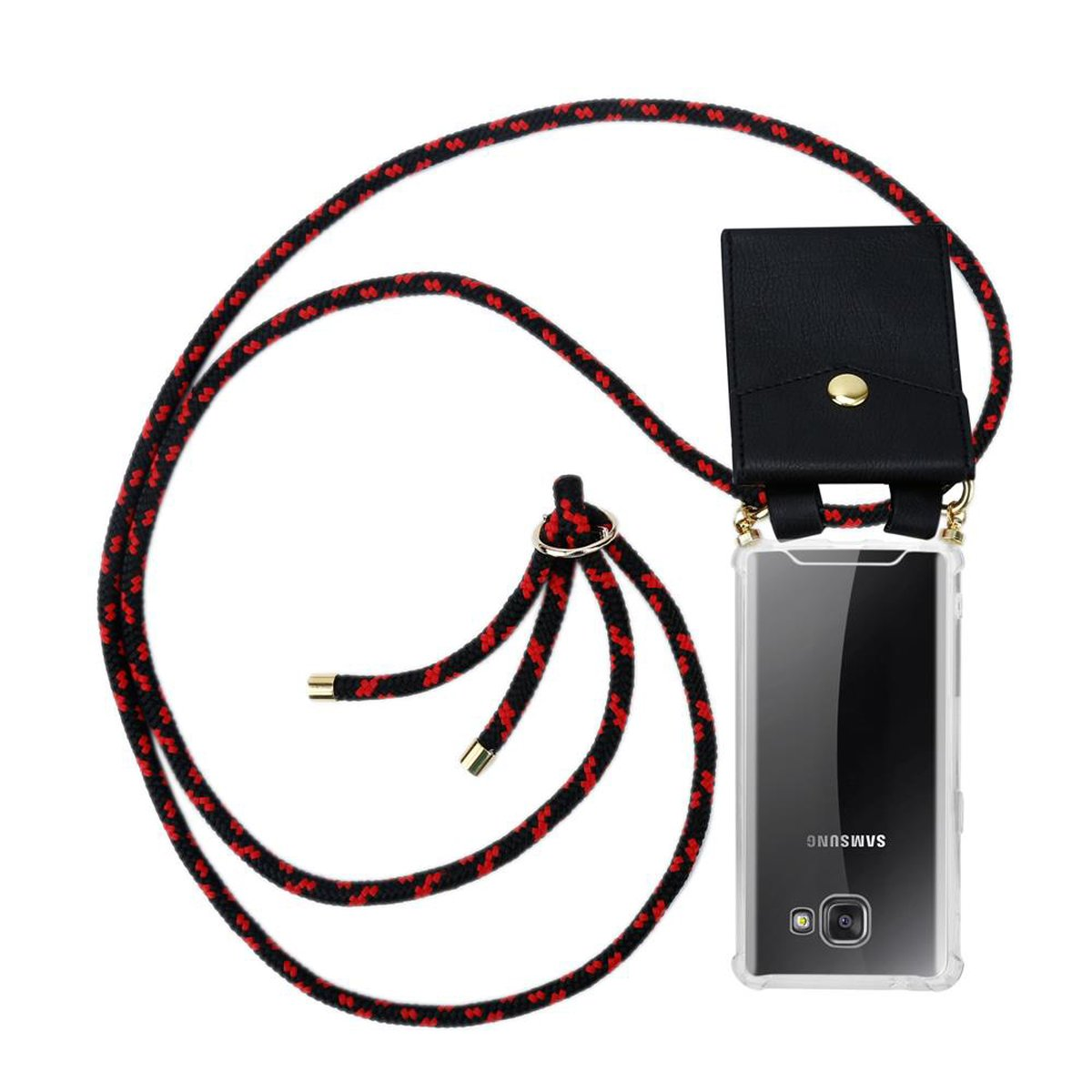 Correa negra y roja para teléfono y funda negra, colgando. Teléfono Samsung en fondo blanco.