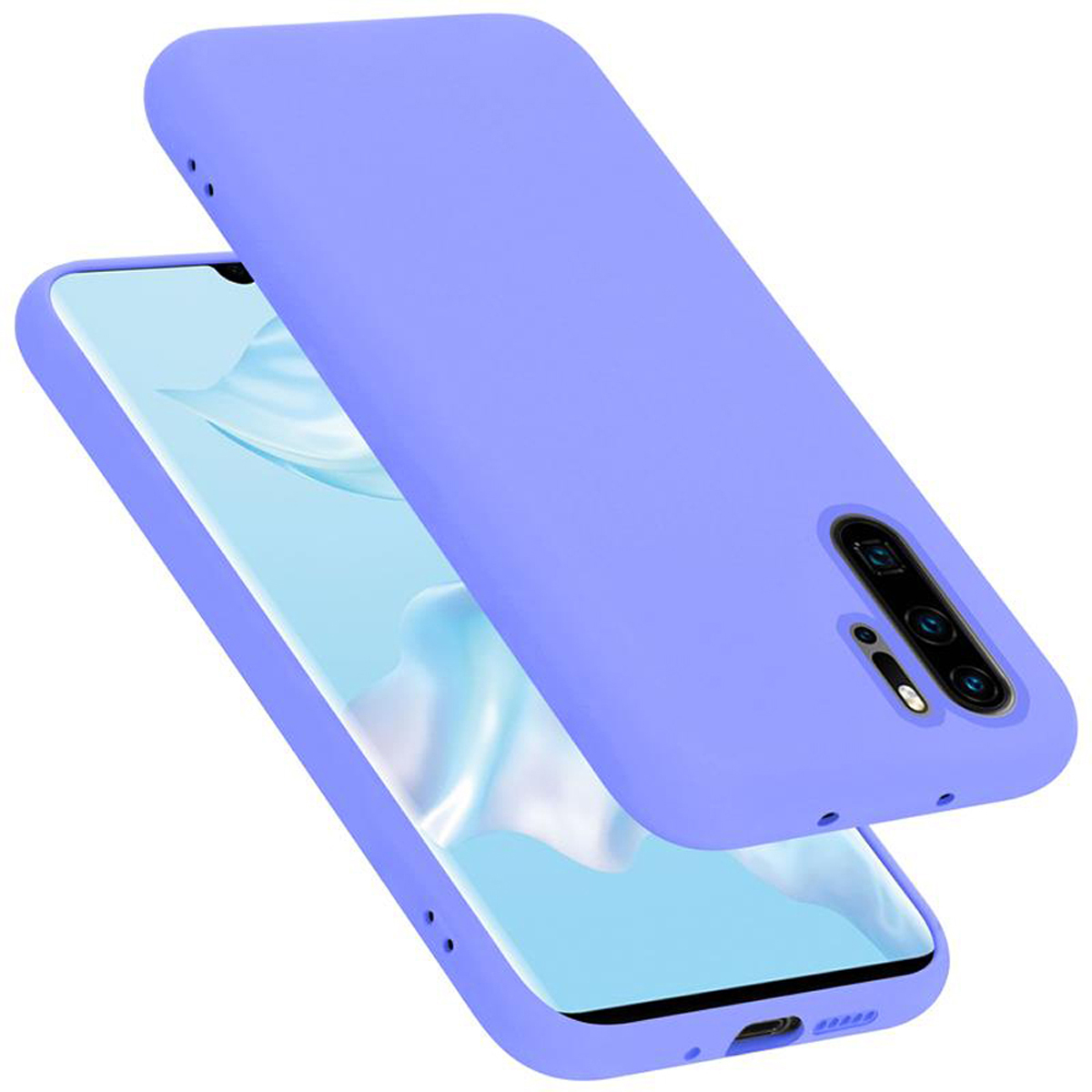 Telefon mit hellblauer Hülle. Hülle und Telefon sind leicht erhöht.