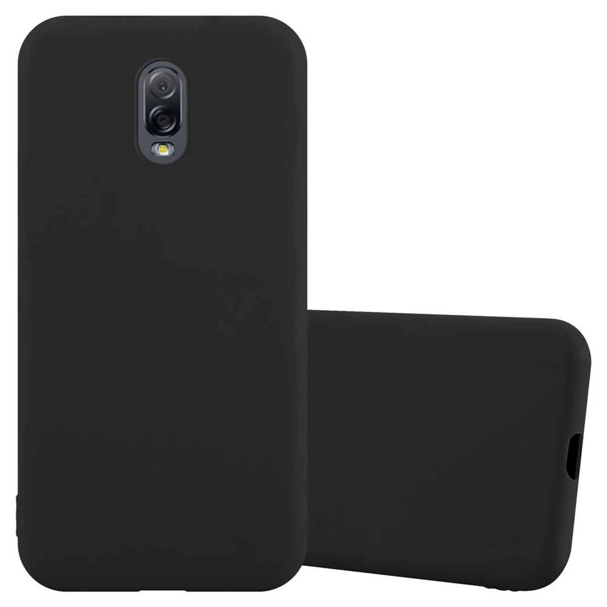 Dos fundas negras para teléfono. Una de pie, otra inclinada.