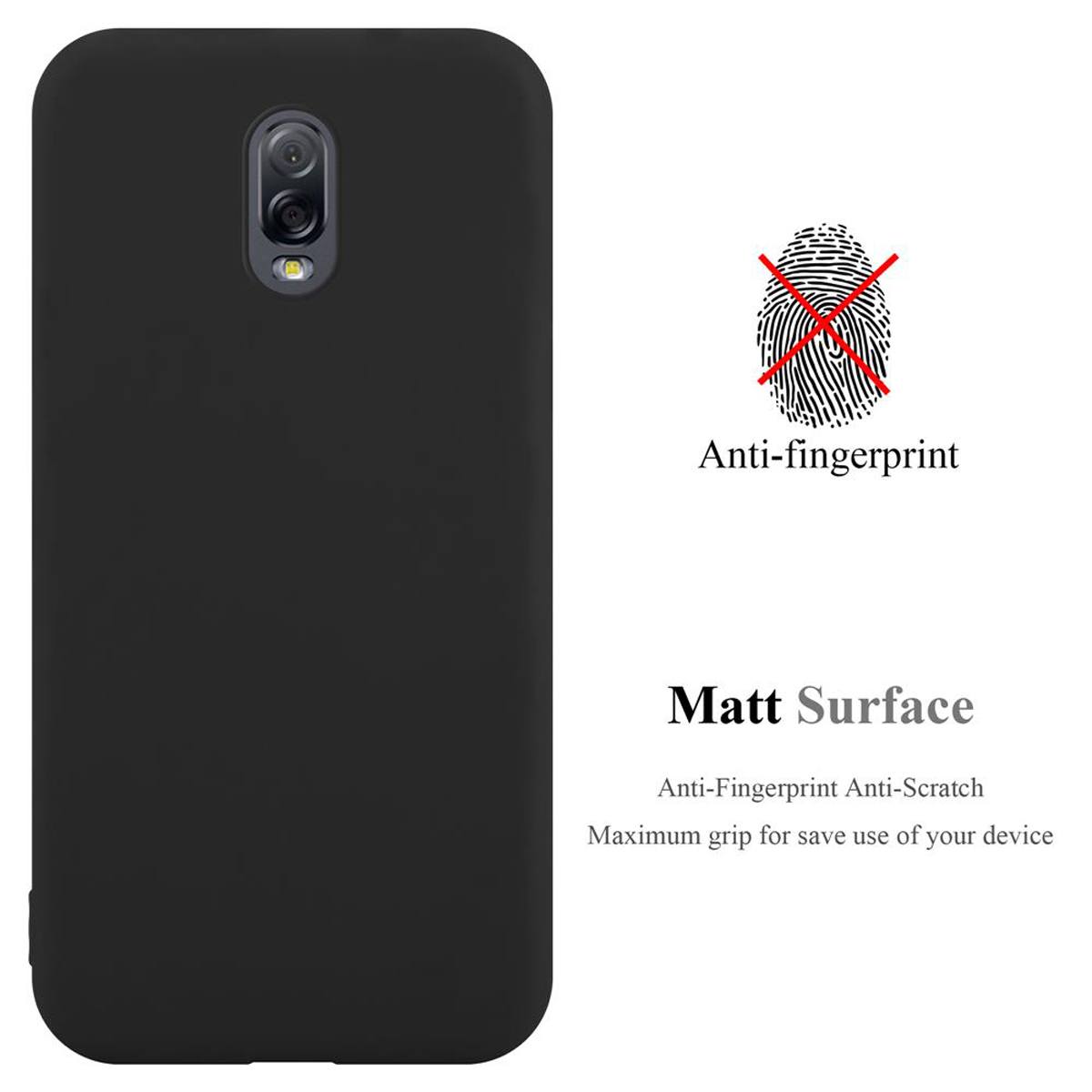 Funda de teléfono negra con características anti-huellas y superficie mate, aislada sobre fondo blanco.