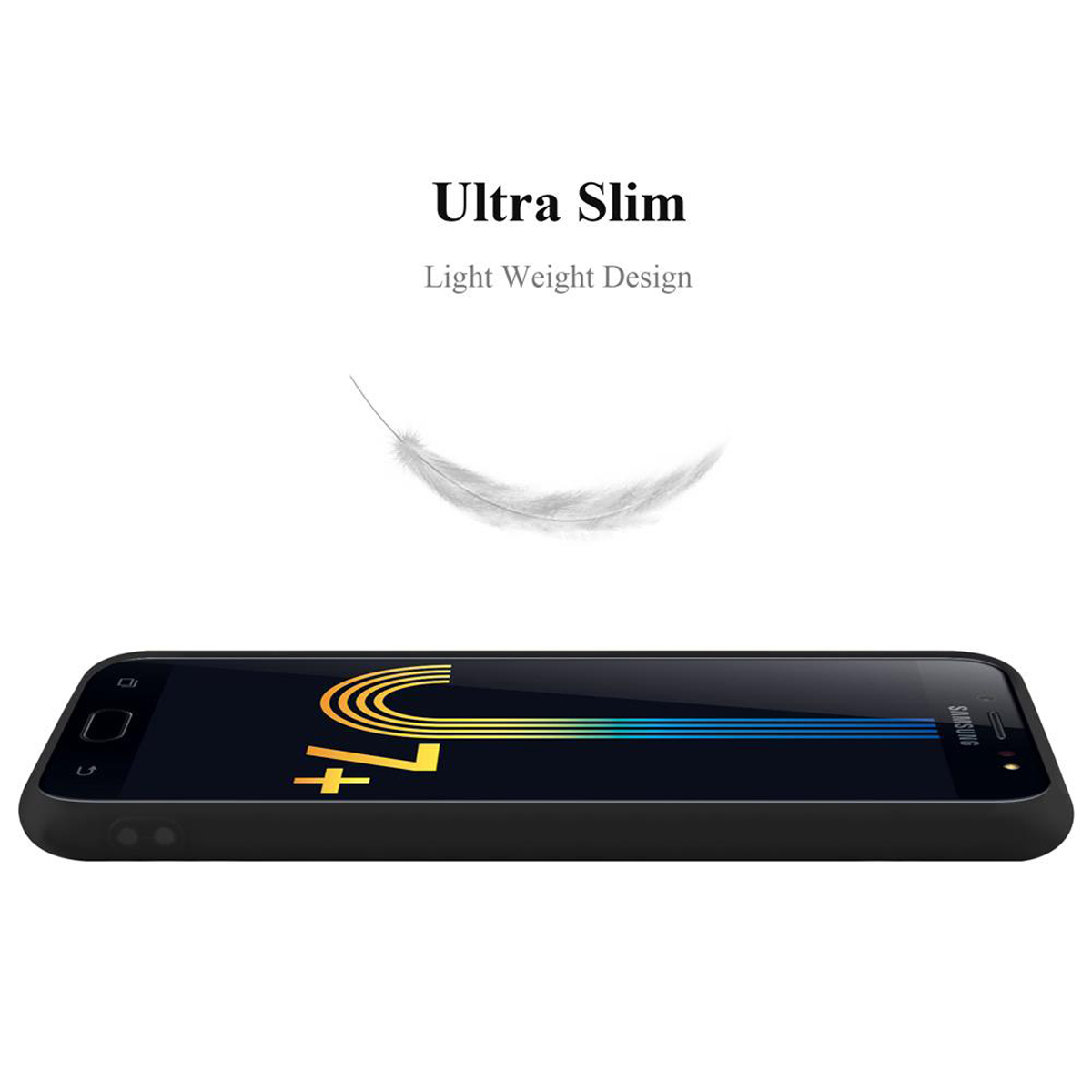 Una funda de teléfono negra con una pantalla colorida. El texto Ultra Slim Light Weight Design está presente.