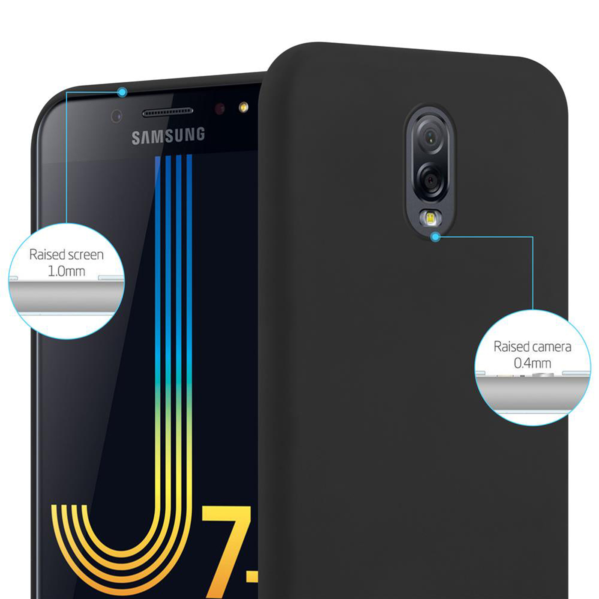 Funda negra con pantalla y cámara elevadas, el teléfono es negro.