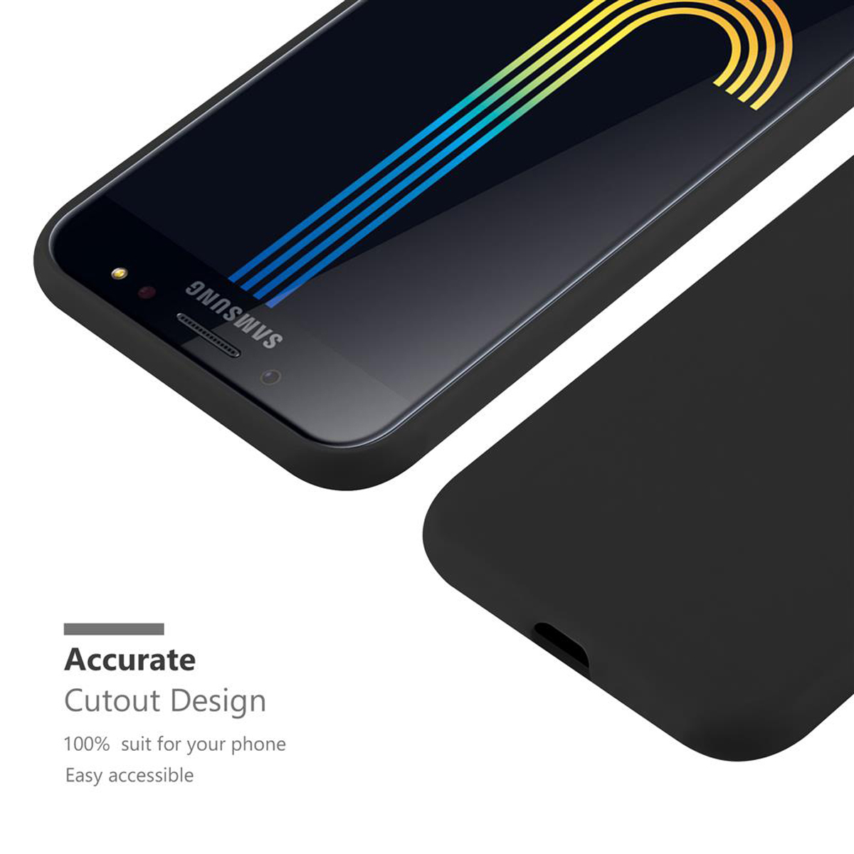Funda de teléfono negra. La pantalla muestra el teléfono. Texto: Diseño de recorte preciso, 100% apto para teléfono, Fácil acceso.