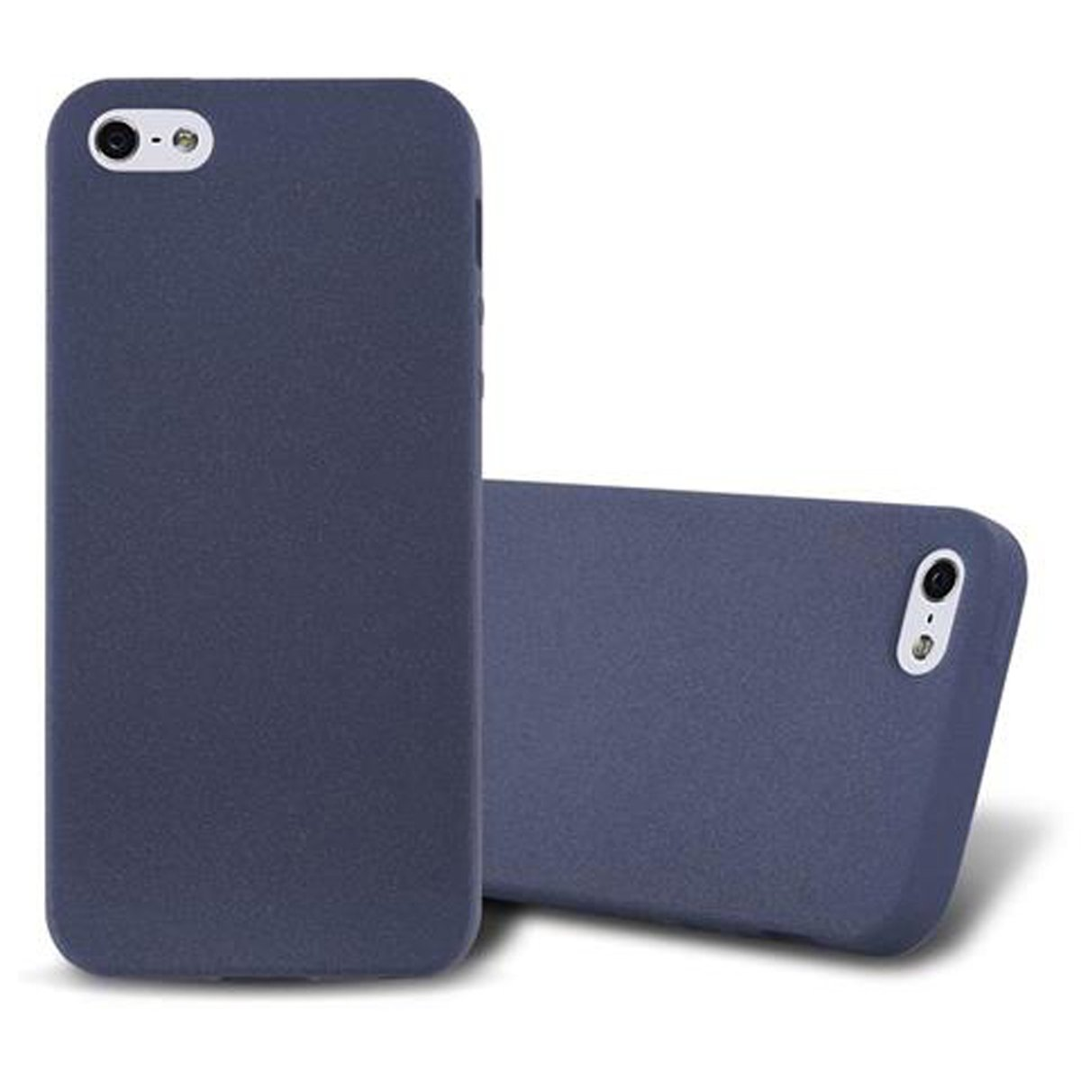 Due custodie per telefono blu navy. Uno mostra il retro, l'altro il davanti.