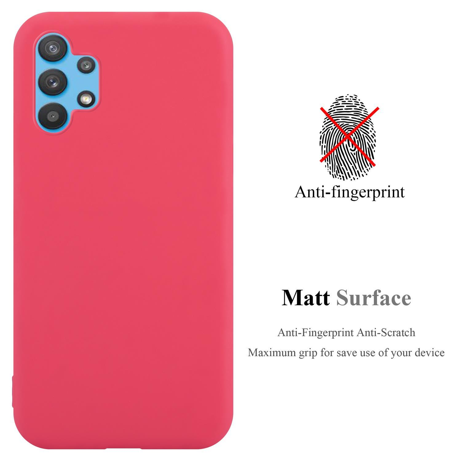 Una custodia per telefono rossa mostra un simbolo di impronta digitale con una linea che lo attraversa. Sfondo bianco.