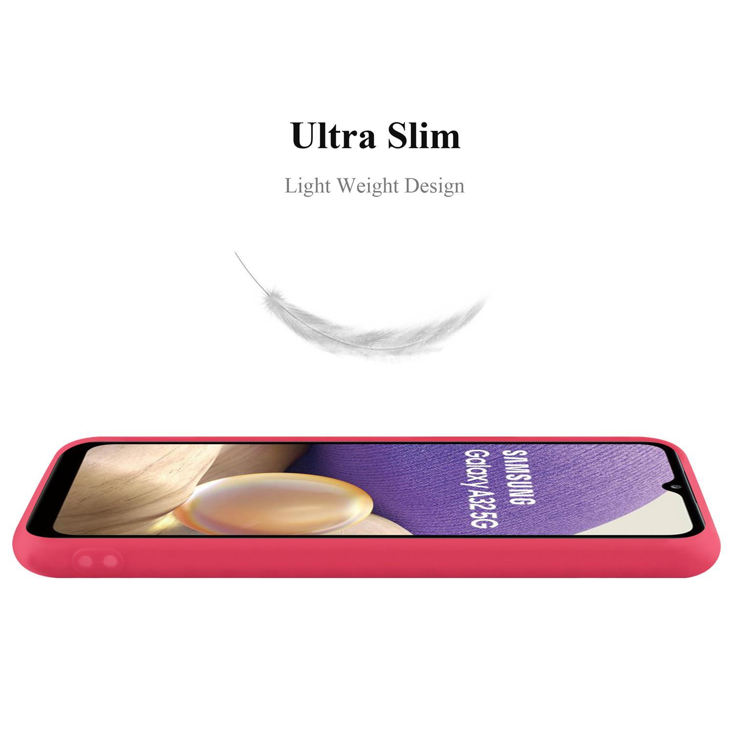 Vista laterale della custodia rosa con il testo: 'Ultra Slim' e una piuma. Per Samsung Galaxy A32 5G.